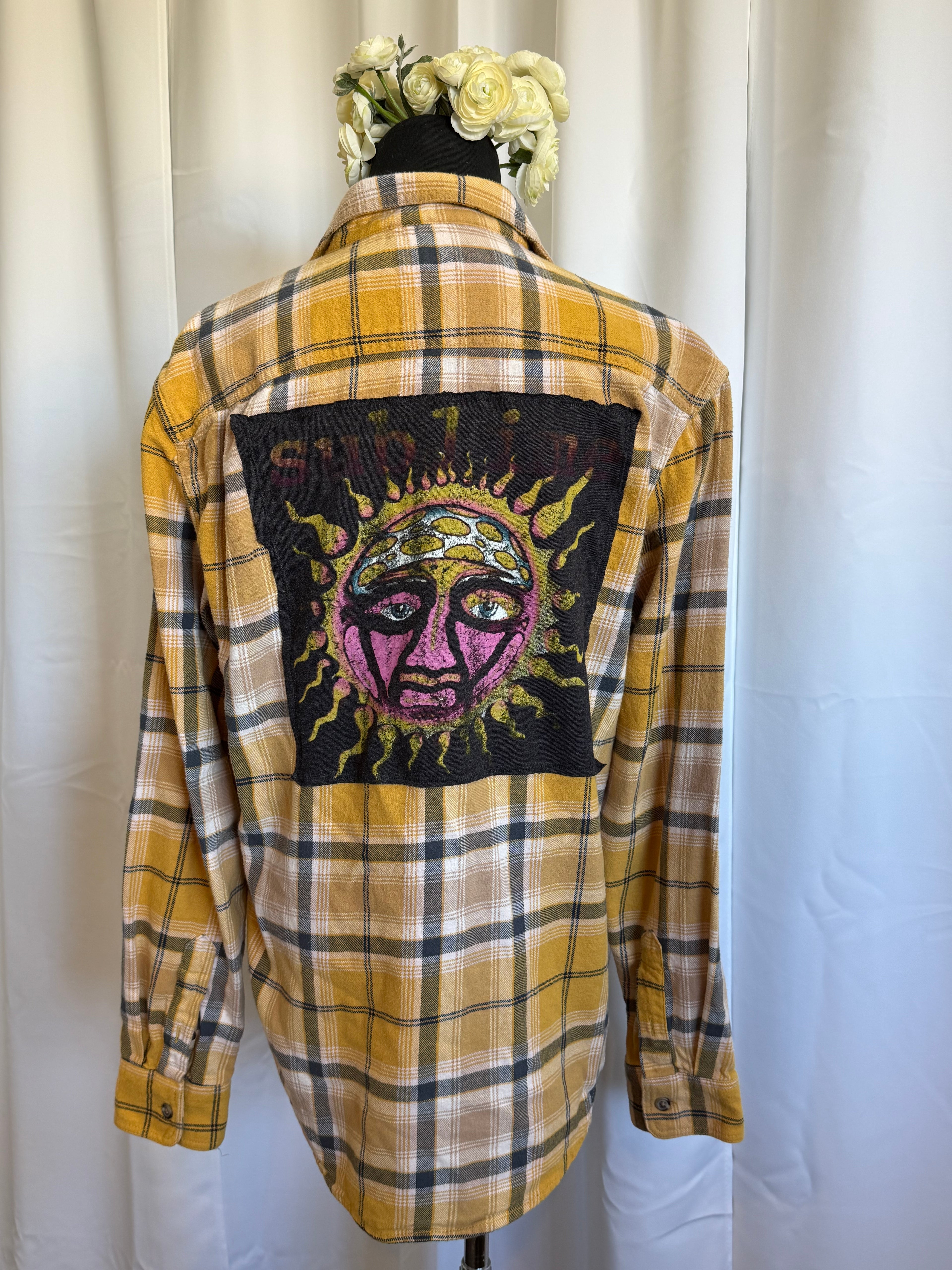 Upcycled Sublime Sun Flannel – Vintage Plaid Shirt with Graphic Patch | One-of-a-Kind