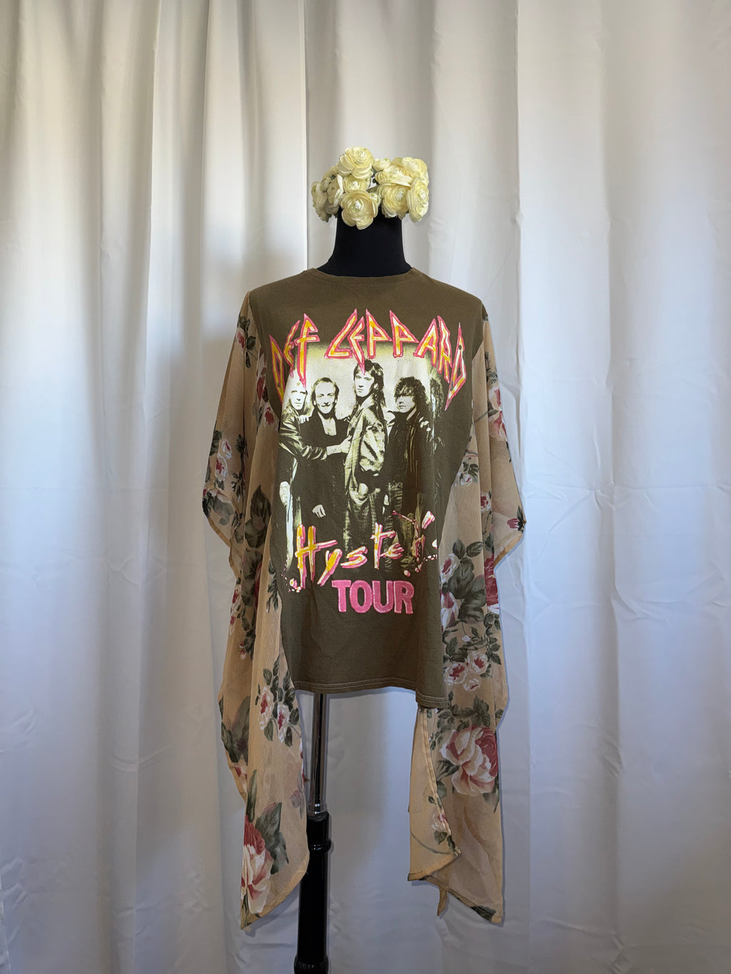 Upcycled Def Leppard Hysteria Tee Blouse – Vintage Band Tee + Floral Sleeve Tunic | One-of-a-Kind