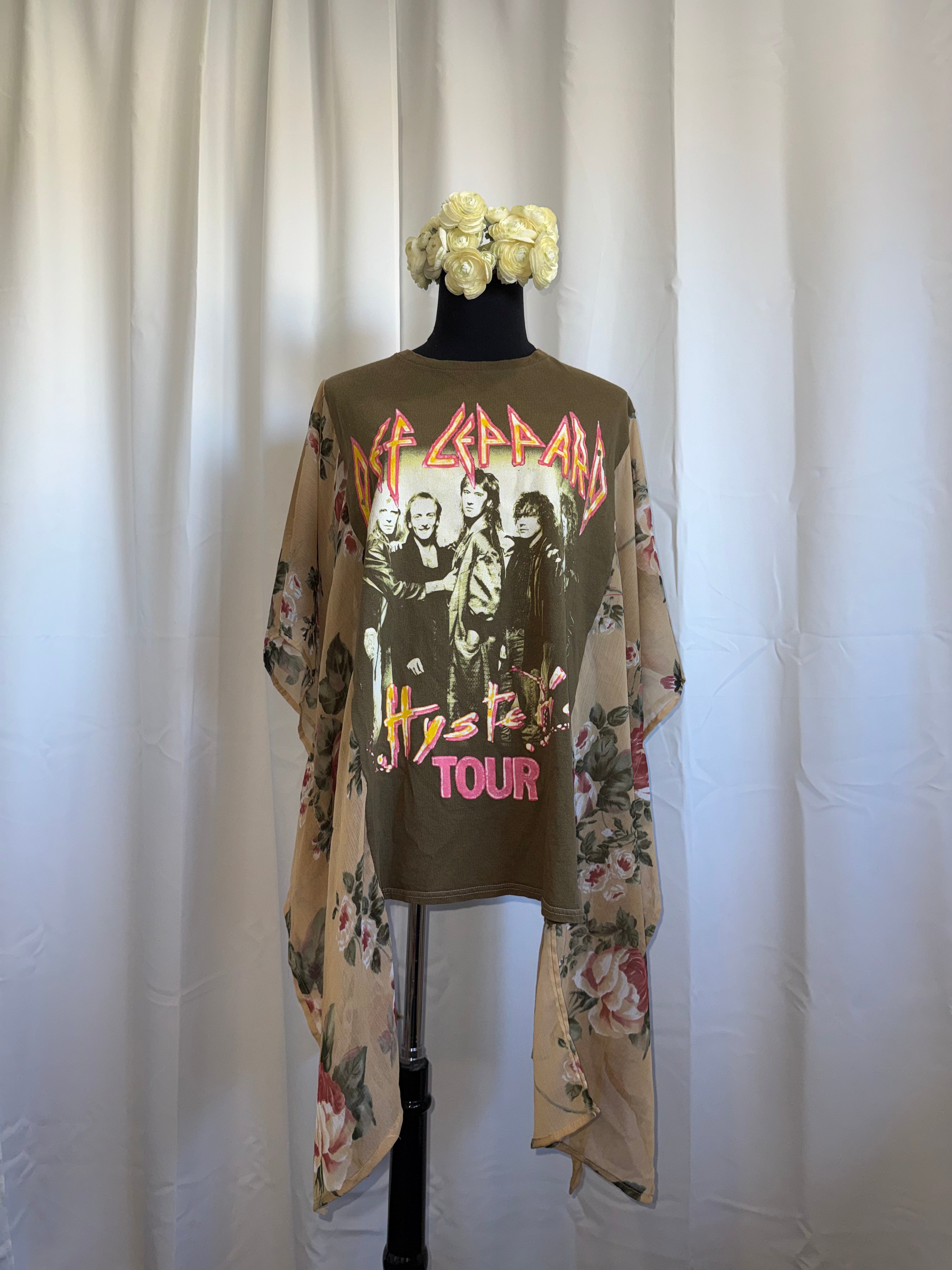 Upcycled Def Leppard Hysteria Tee Blouse – Vintage Band Tee + Floral Sleeve Tunic | One-of-a-Kind