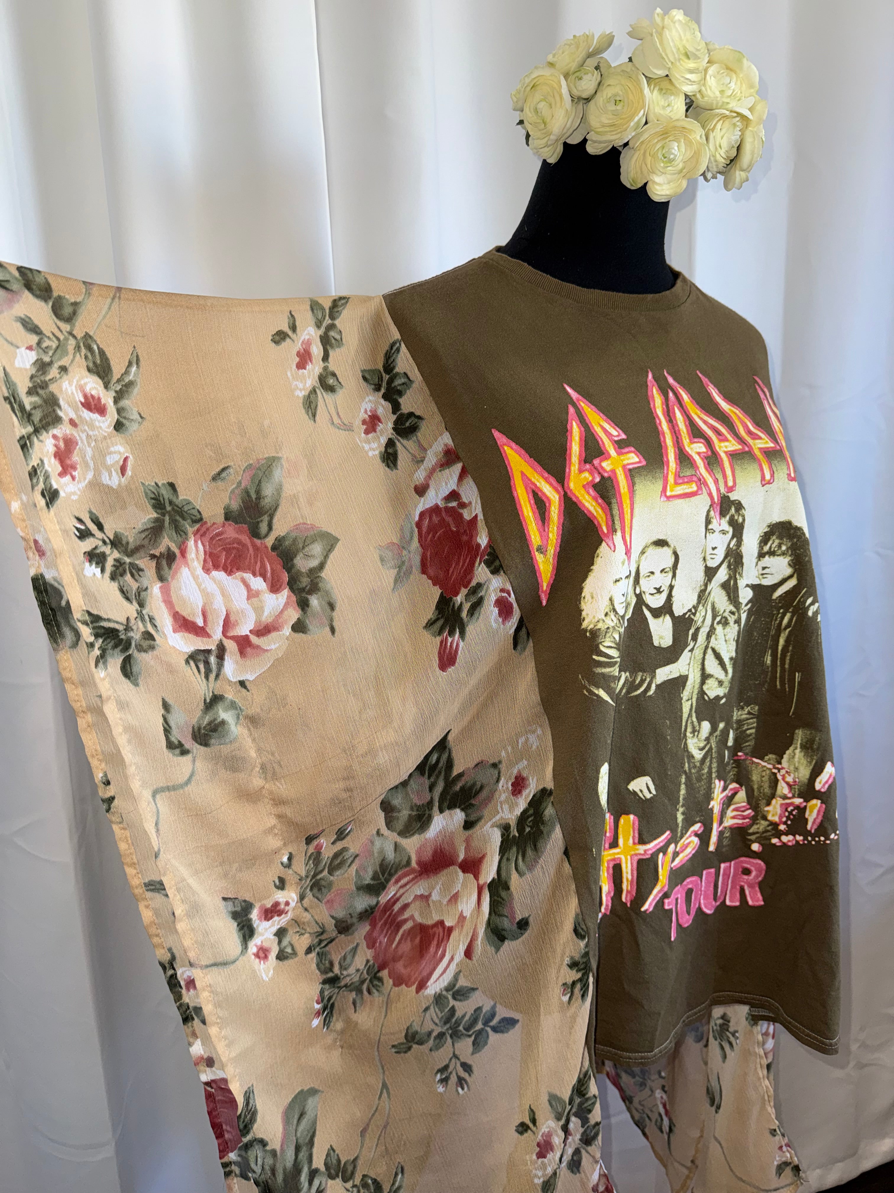 Upcycled Def Leppard Hysteria Tee Blouse – Vintage Band Tee + Floral Sleeve Tunic | One-of-a-Kind