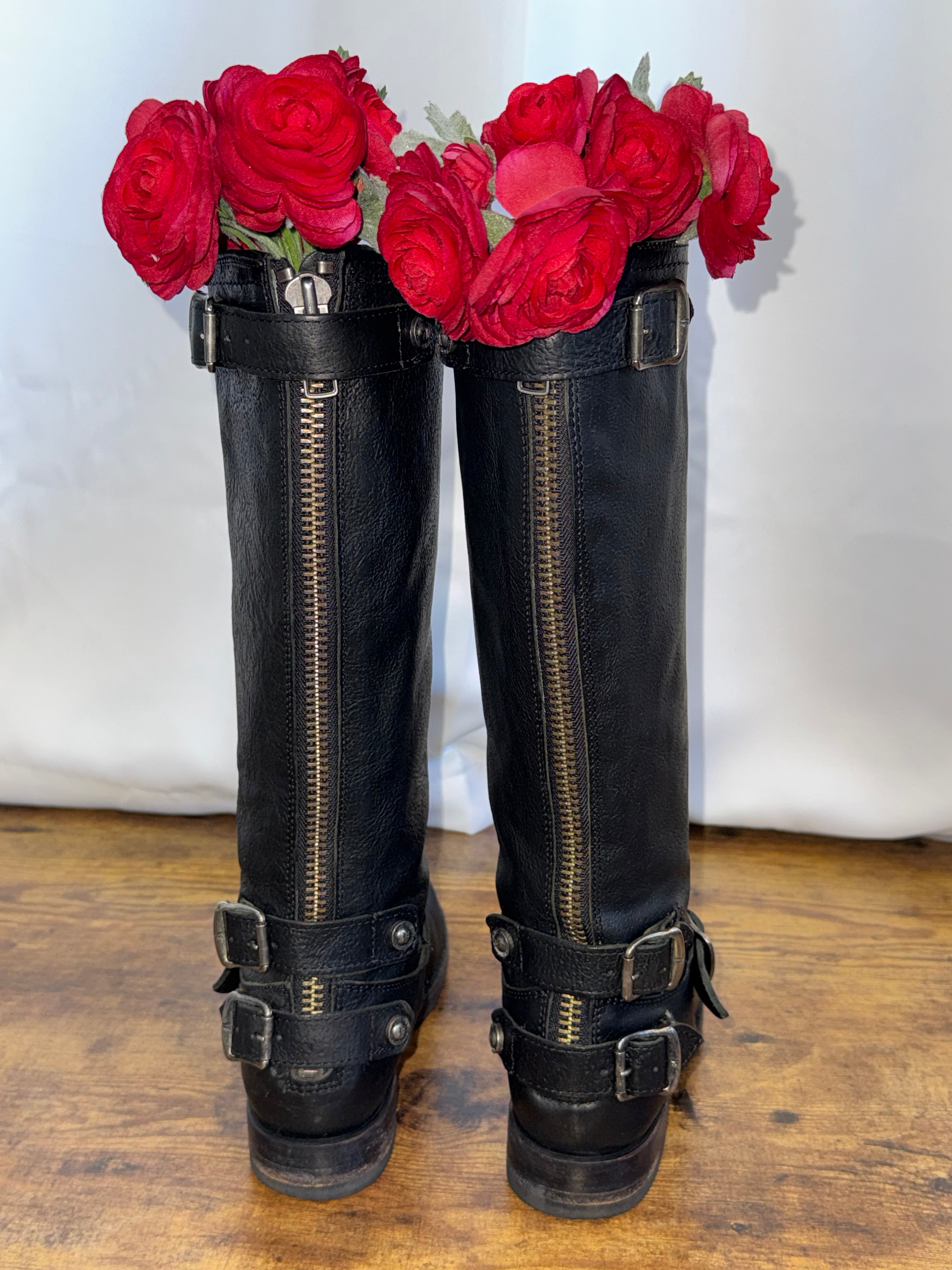 Frye Veronica Boots – Black Oiled Leather Moto Boots | Women’s Size (6B)