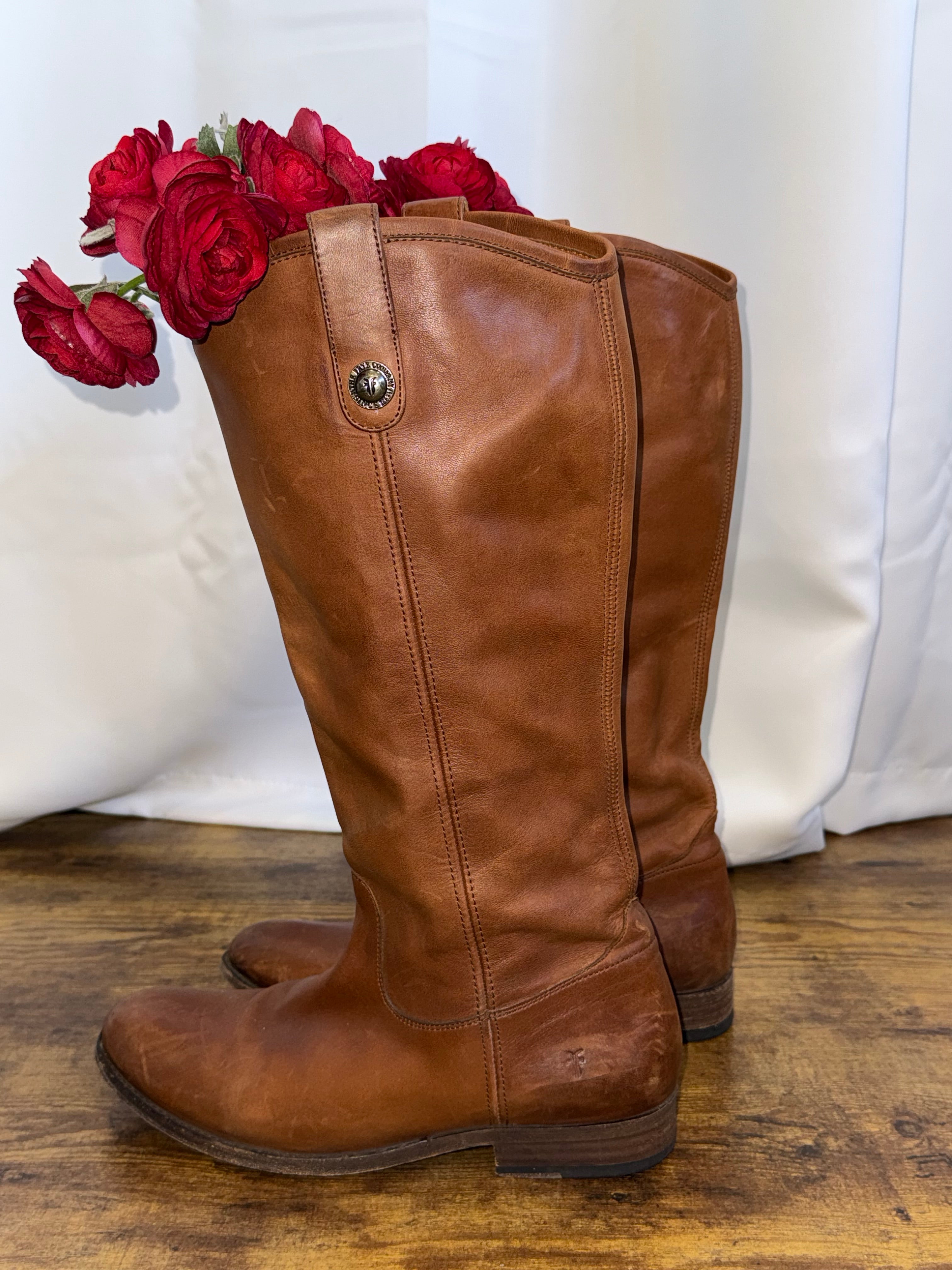 Frye-Melissa-Cognac Leather Riding Boots – Women’s Size 9 | Tall Pull-On