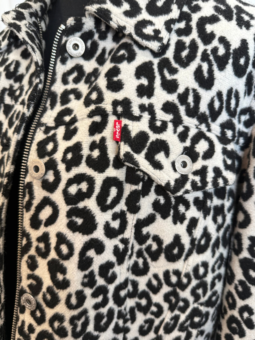 Leopard print jacket with a Levi's brand logo on a close-up view