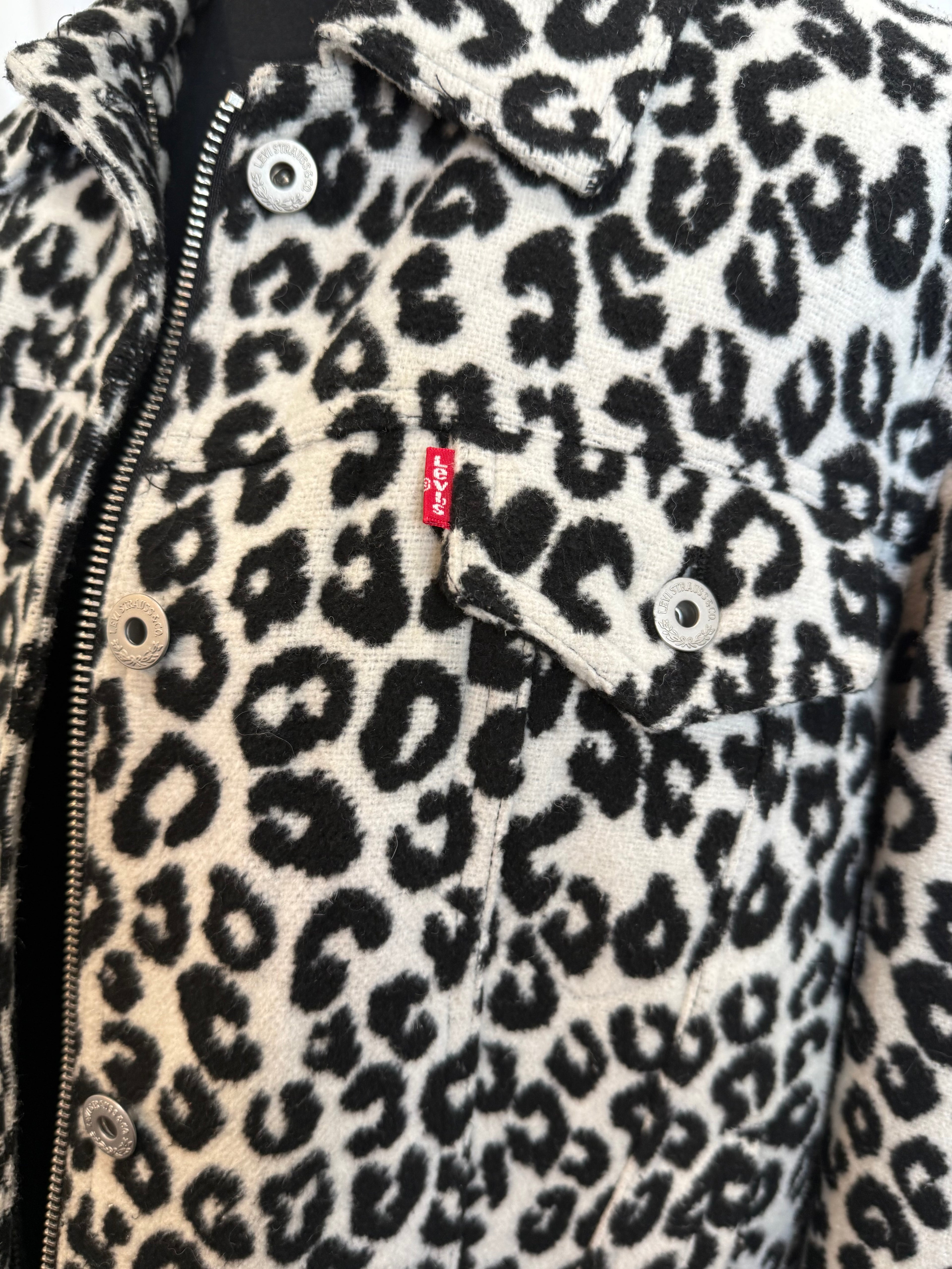 Leopard print jacket with a Levi's brand logo on a close-up view