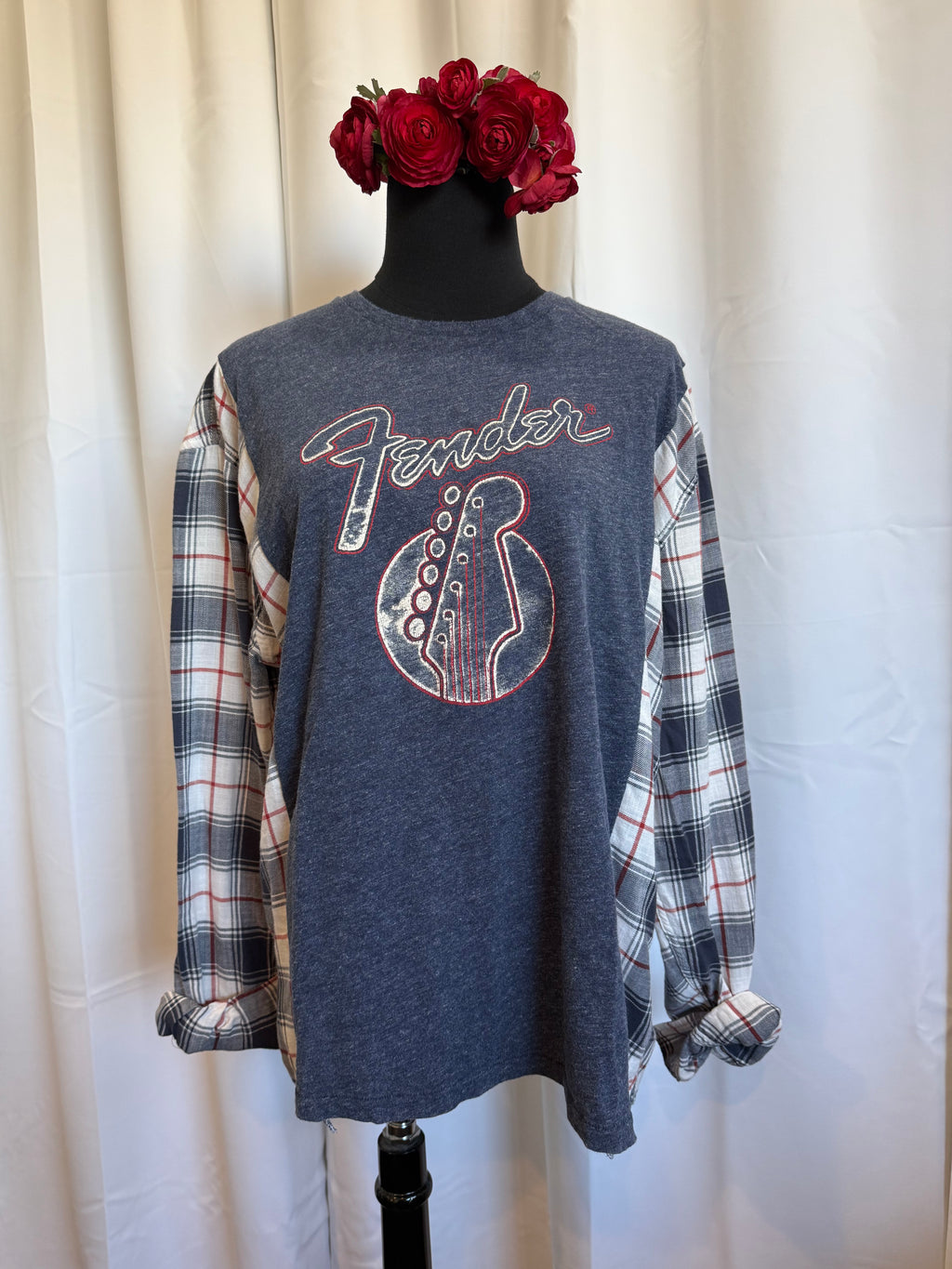Upcycled Fender Graphic Tee Flannel – Reworked T-Shirt with Plaid Sleeves | One-of-a-Kind