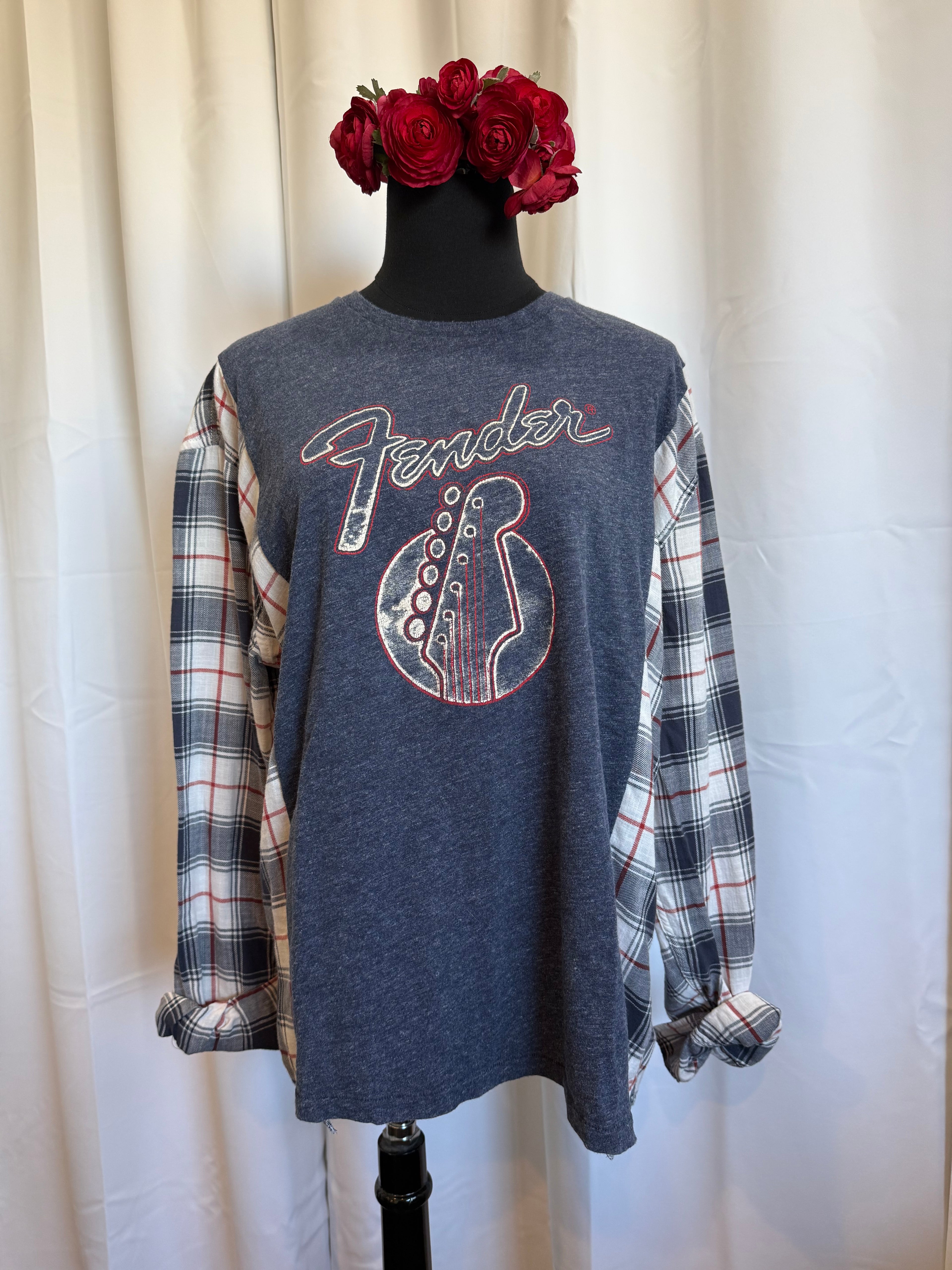 Upcycled Fender Graphic Tee Flannel – Reworked T-Shirt with Plaid Sleeves | One-of-a-Kind