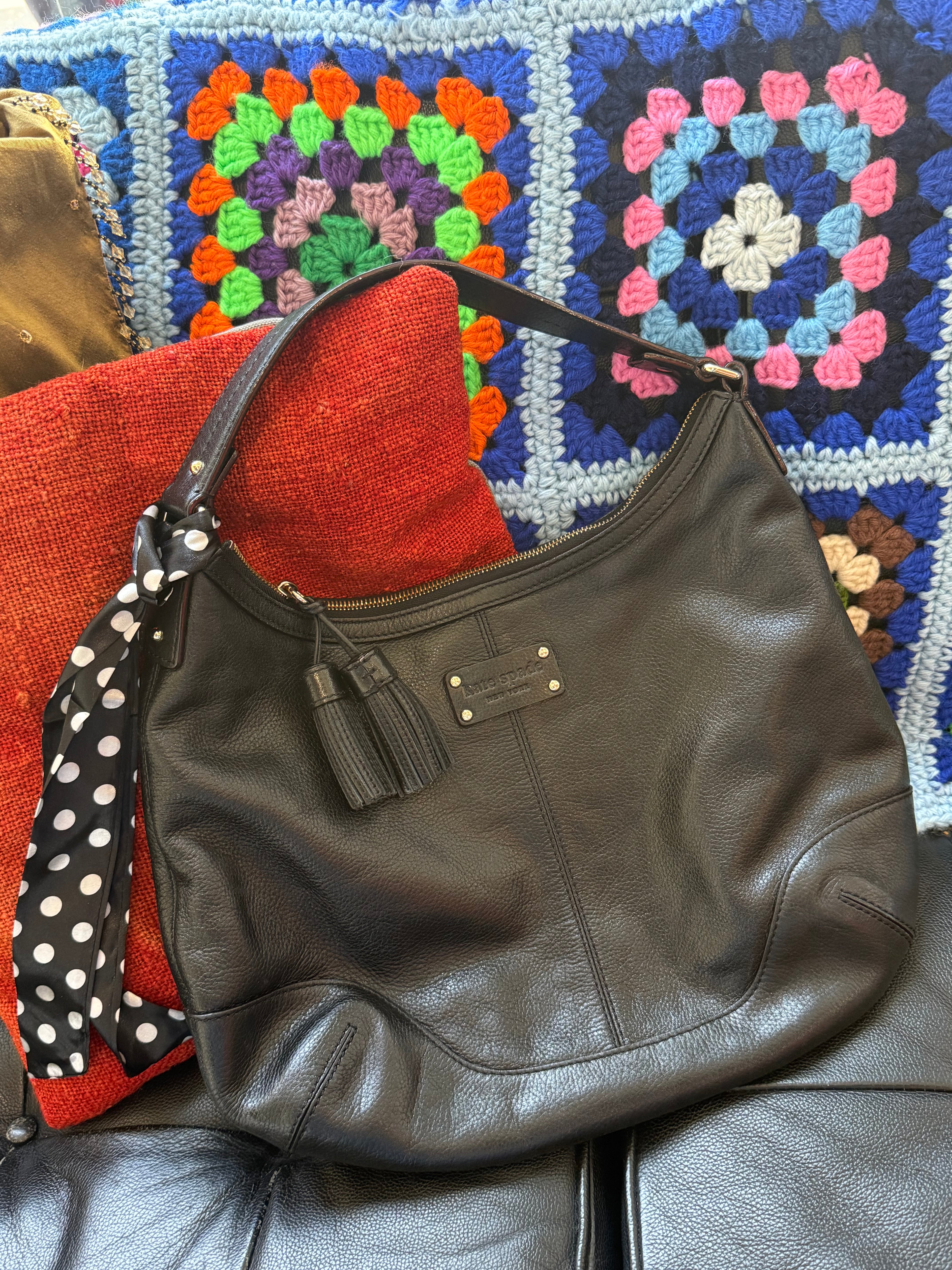 Kate Spade Black Leather Hobo Bag with Tassel