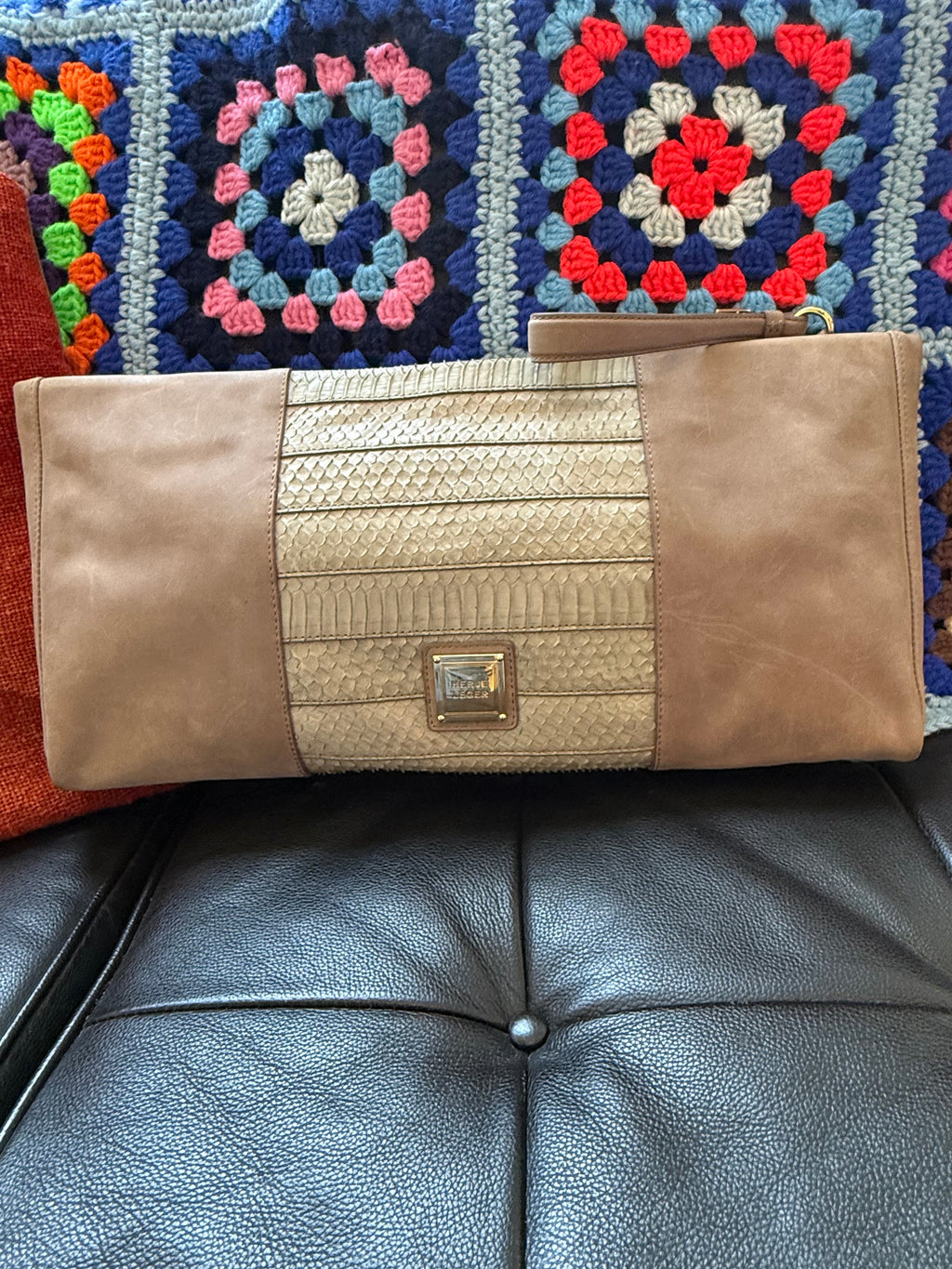 Hervé Léger Taupe Leather & Snakeskin Panel Clutch