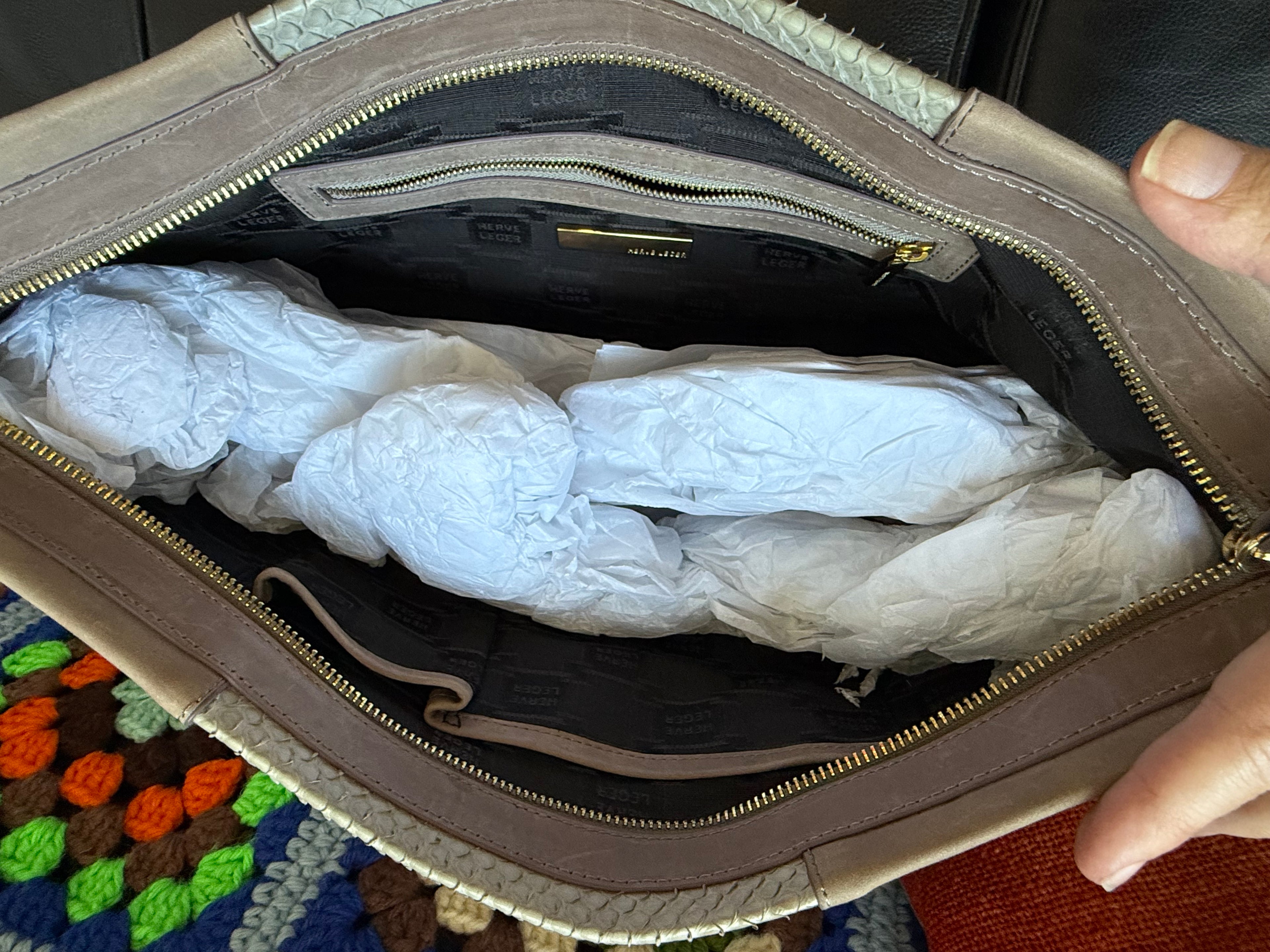 Hervé Léger Taupe Leather & Snakeskin Panel Clutch
