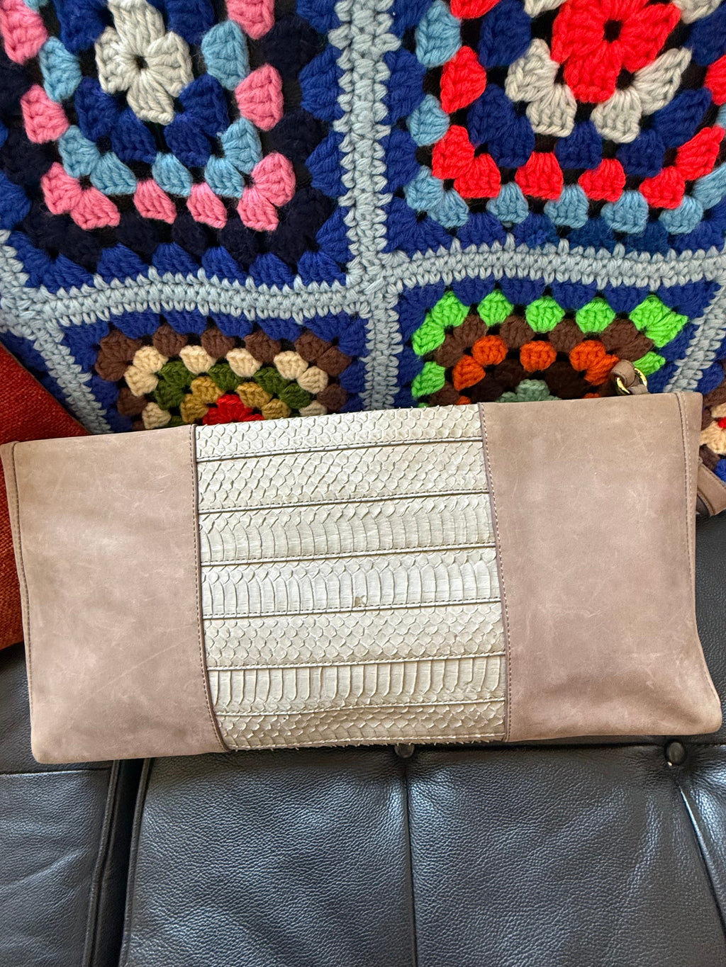 Hervé Léger Taupe Leather & Snakeskin Panel Clutch