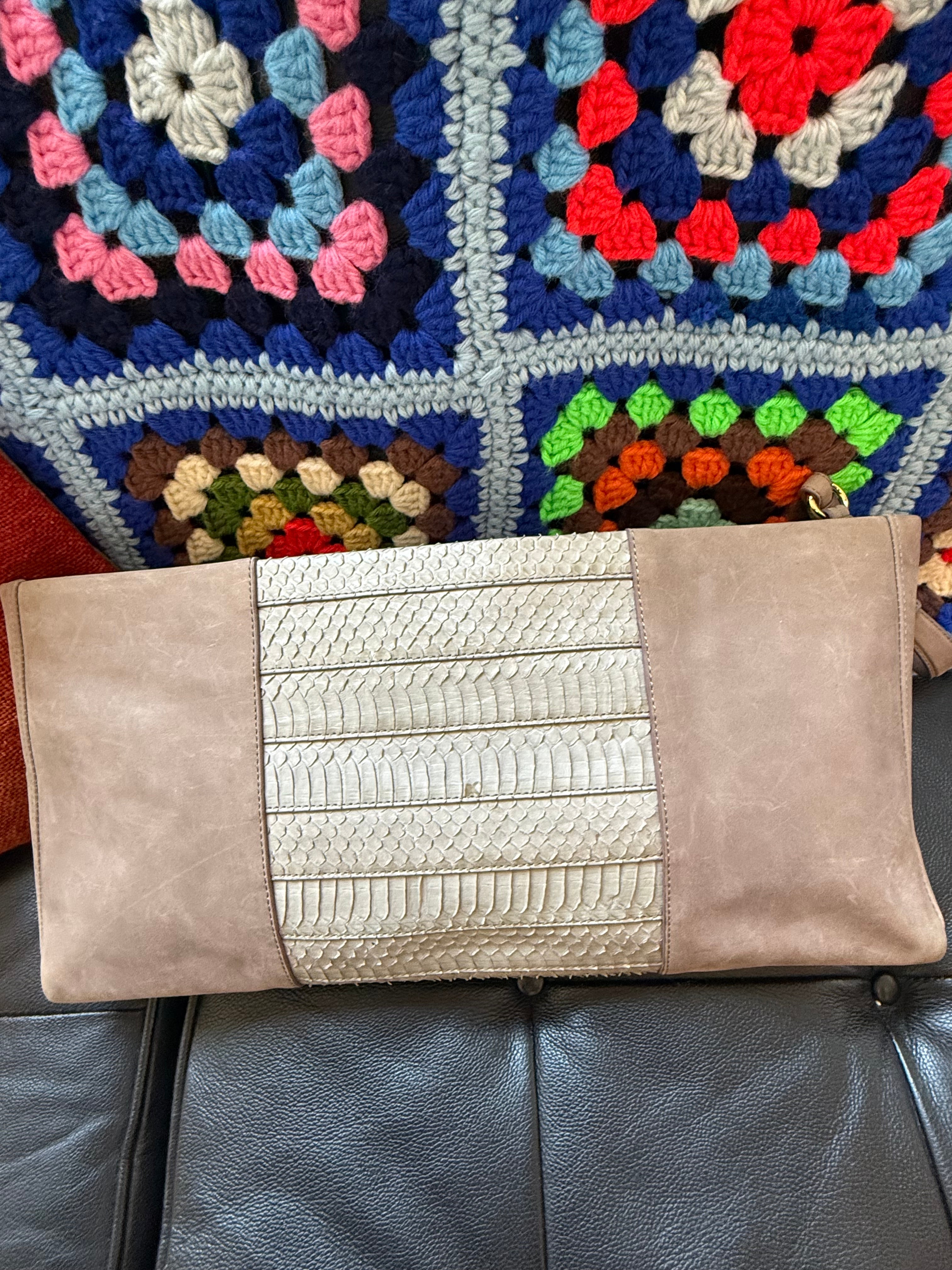 Hervé Léger Taupe Leather & Snakeskin Panel Clutch