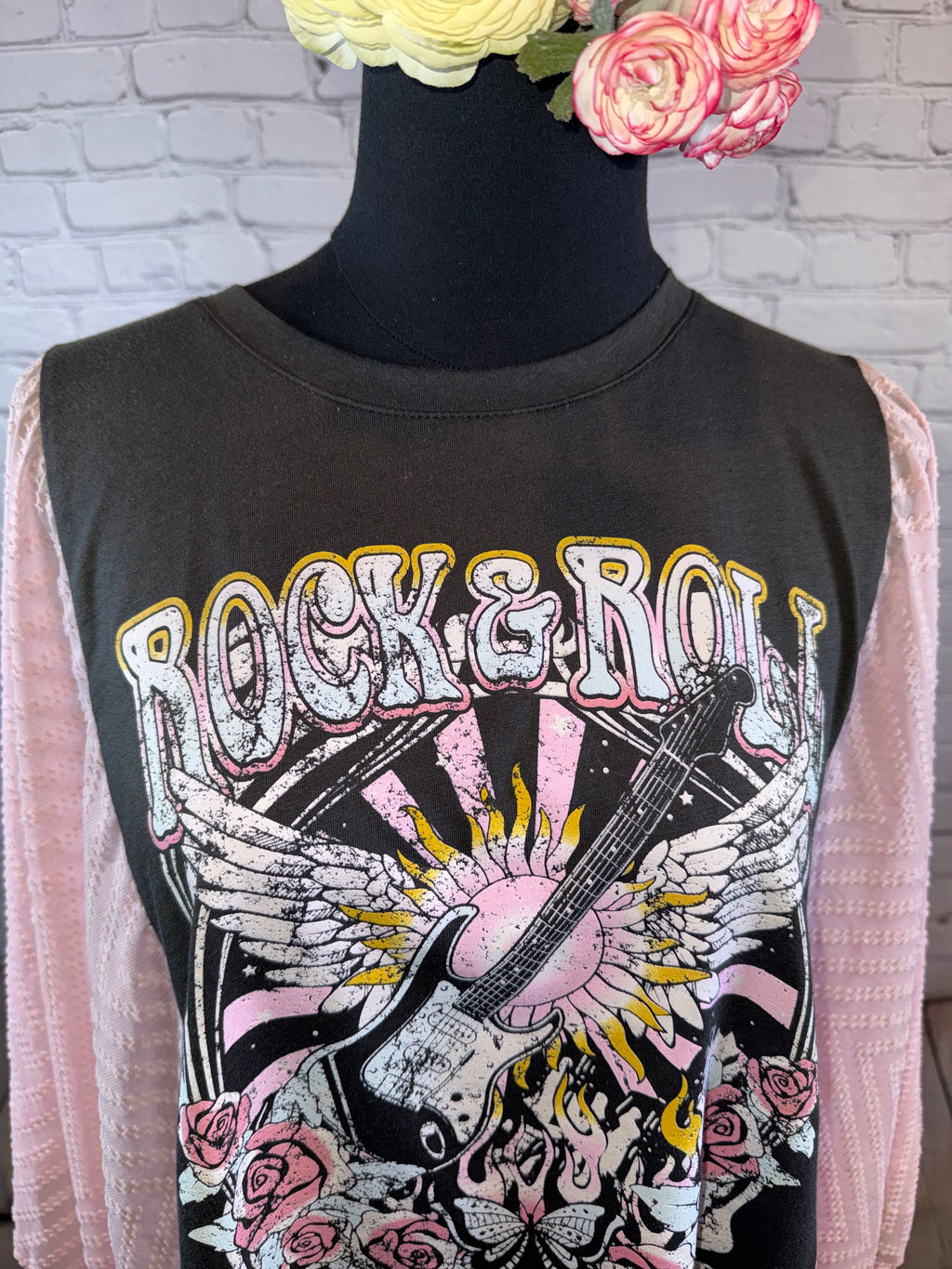 Upcycled Rock & Roll Tee with Blush Sheer Blousy Sleeves