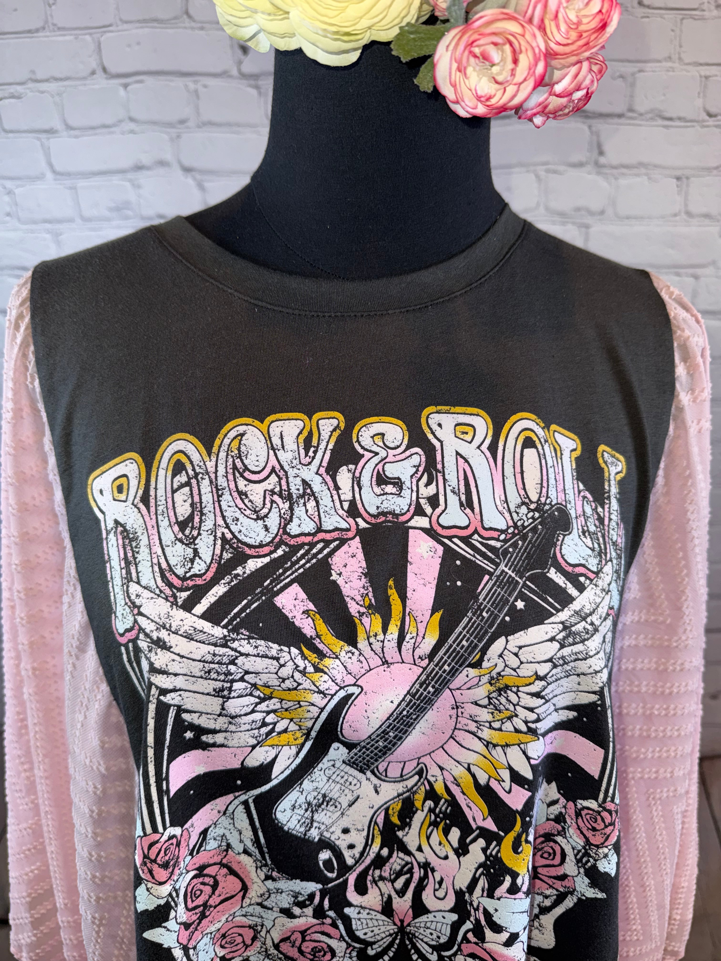 Upcycled Rock & Roll Tee with Blush Sheer Blousy Sleeves