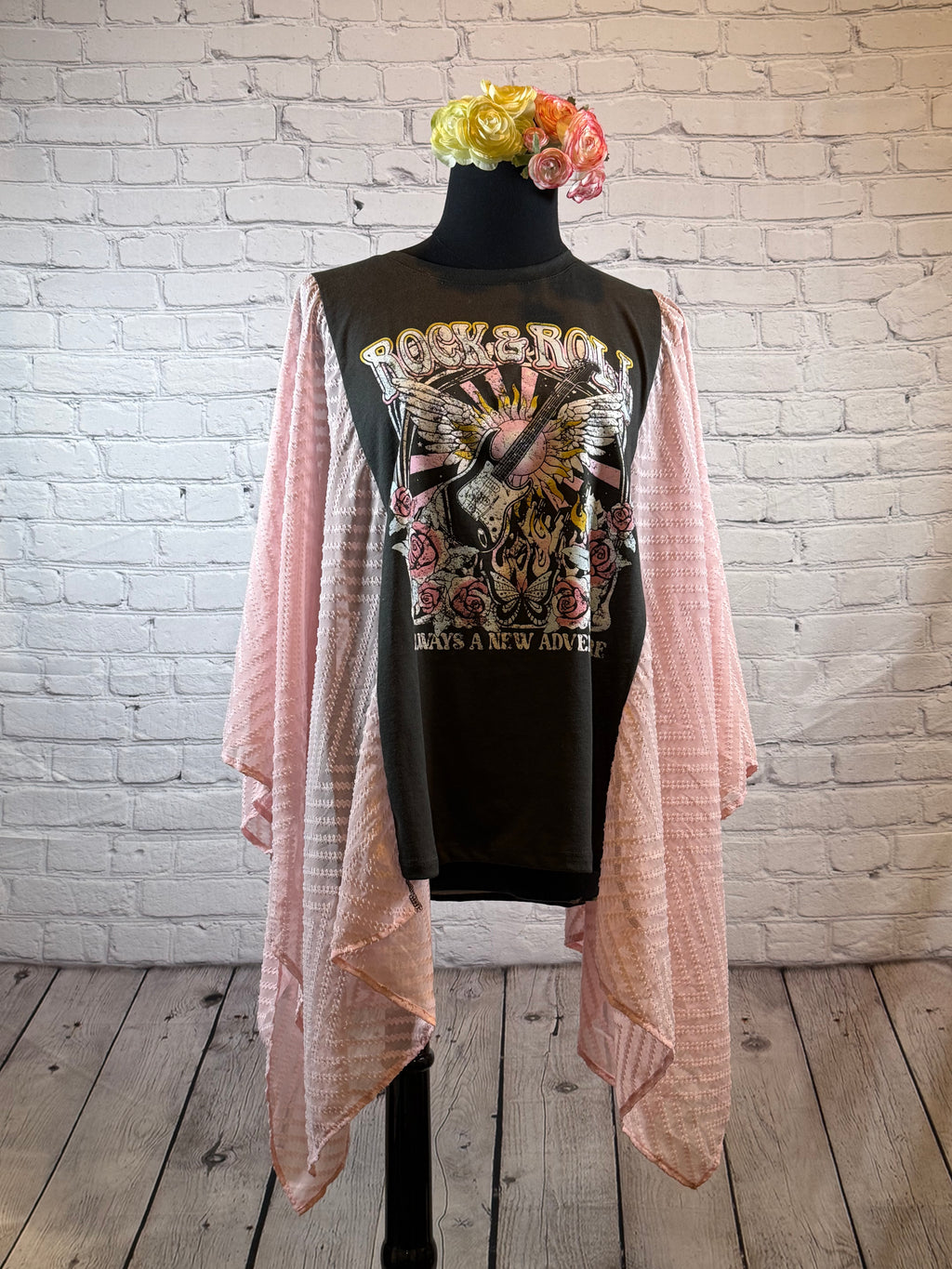 Upcycled Rock & Roll Tee with Blush Sheer Blousy Sleeves