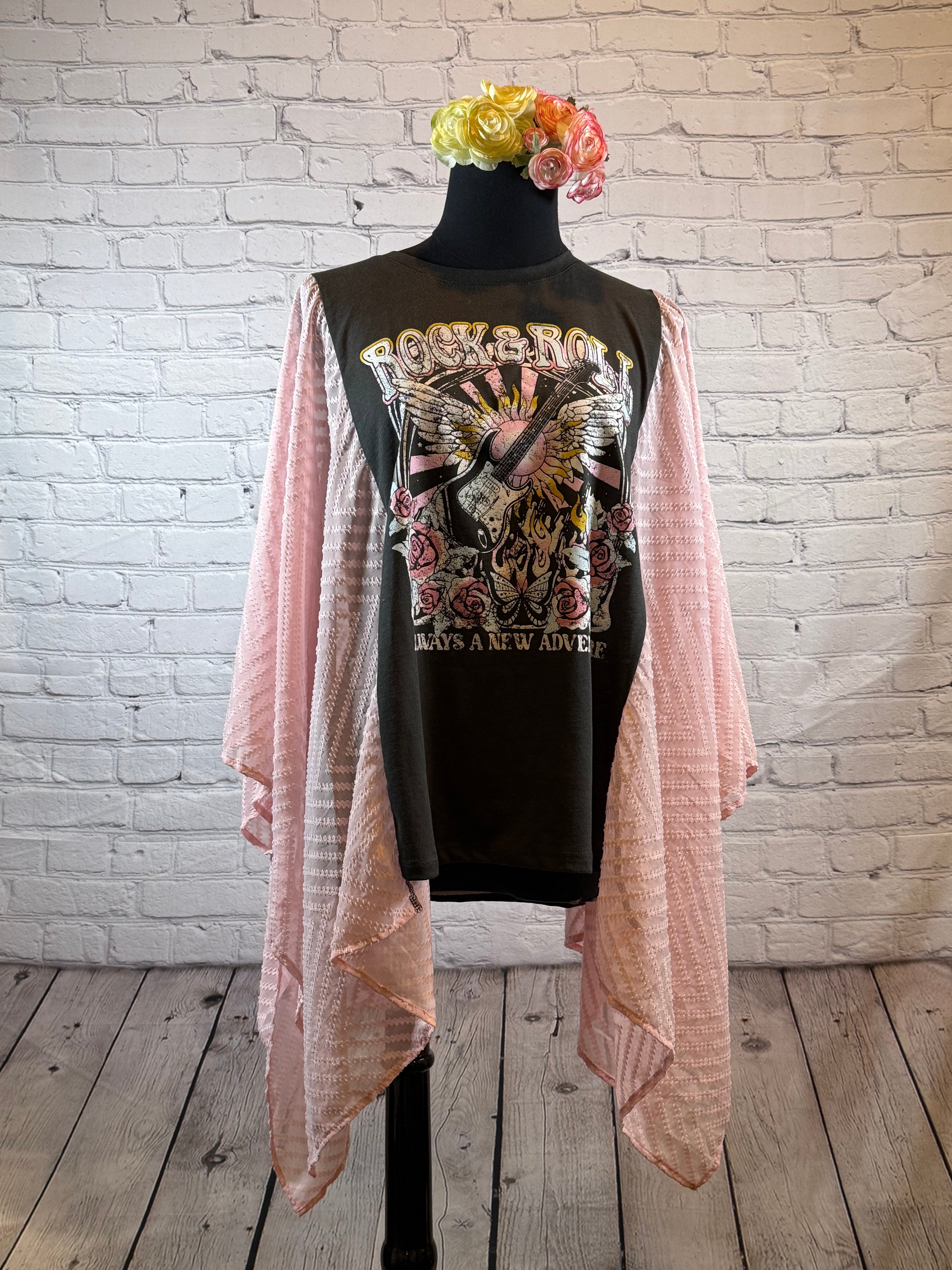 Upcycled Rock & Roll Tee with Blush Sheer Blousy Sleeves