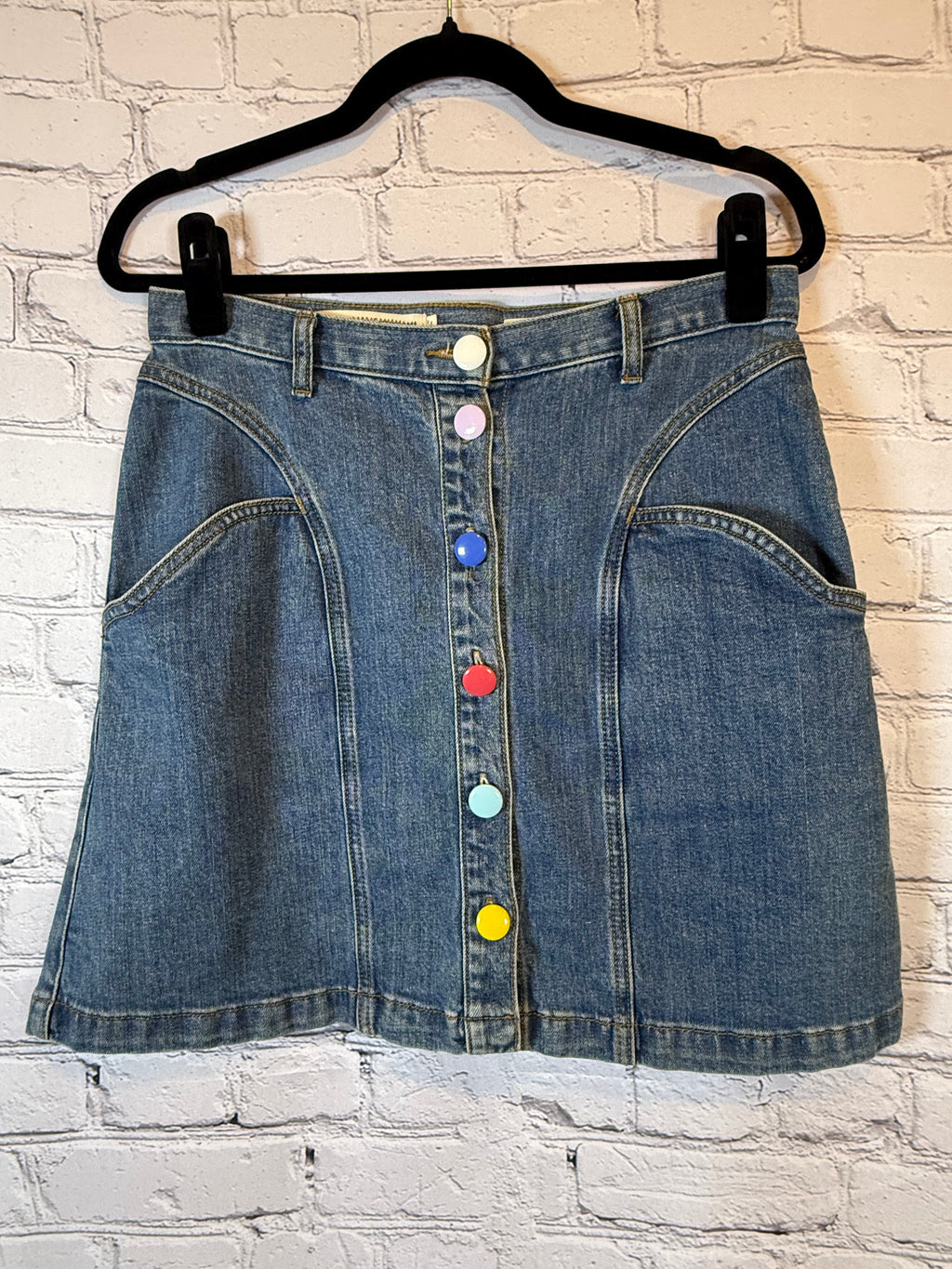 Anthropologie Rainbow Button Denim Mini Skirt | Size 8