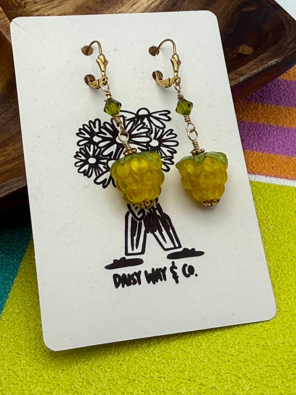 yellow berry lamp glass earrings with green crystals and gold fill ear wires