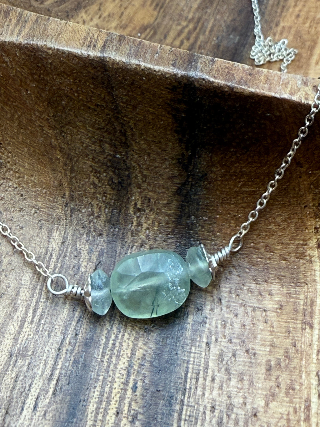 Green Agate Bead Necklace – Sterling Silver Chain | 16”
