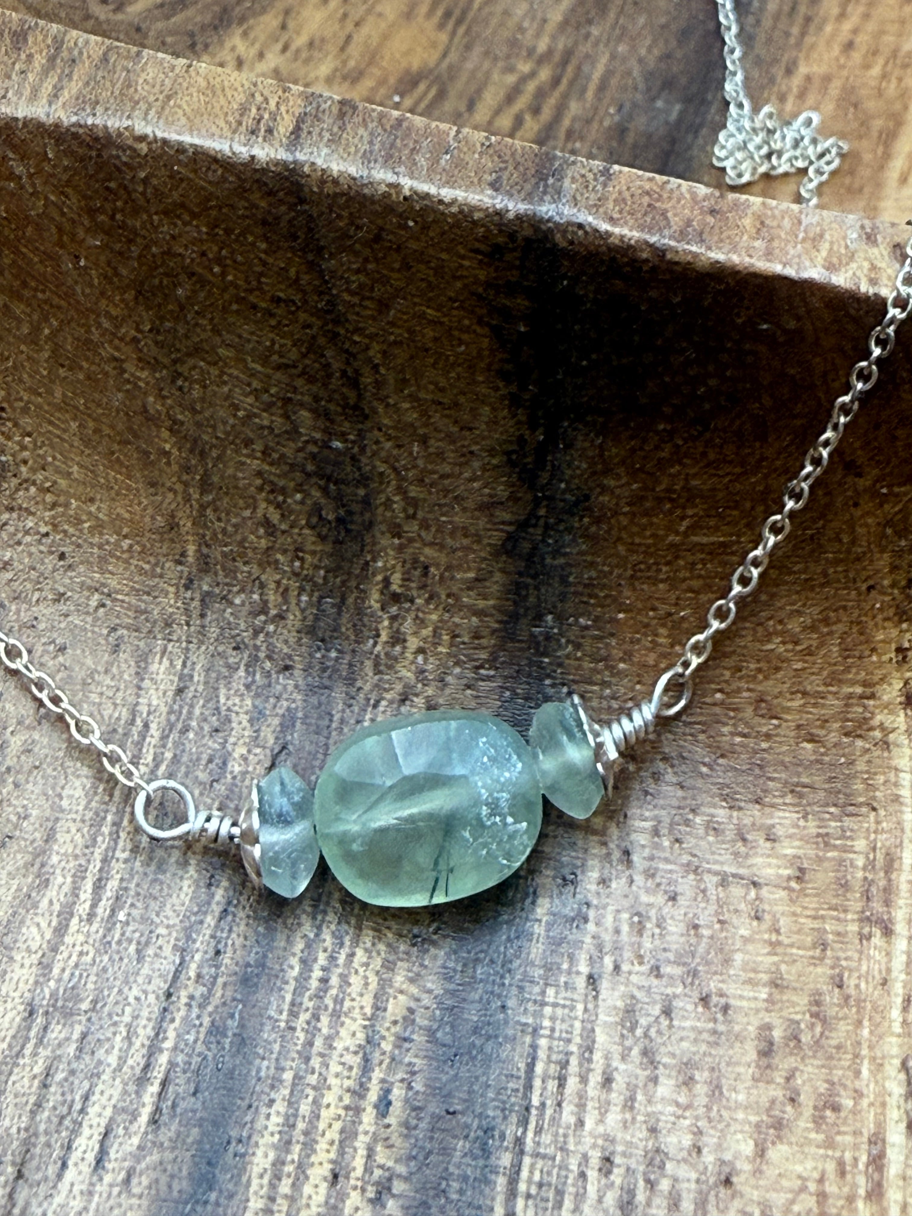 Green Agate Bead Necklace – Sterling Silver Chain | 16”