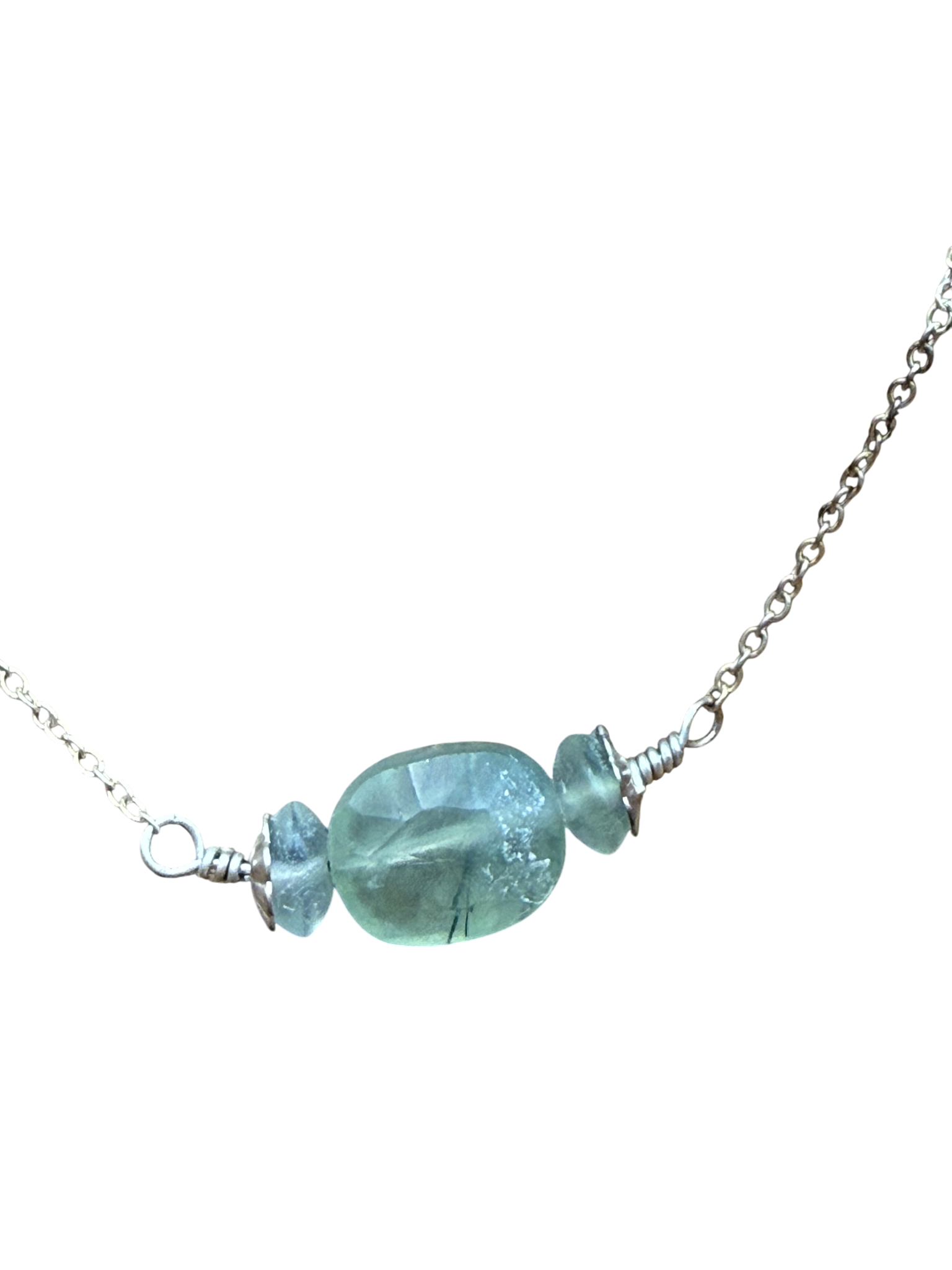 Green Agate Bead Necklace – Sterling Silver Chain | 16”