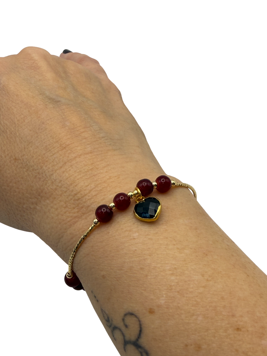 Crimson Stone Bracelet with Black Heart Pendant