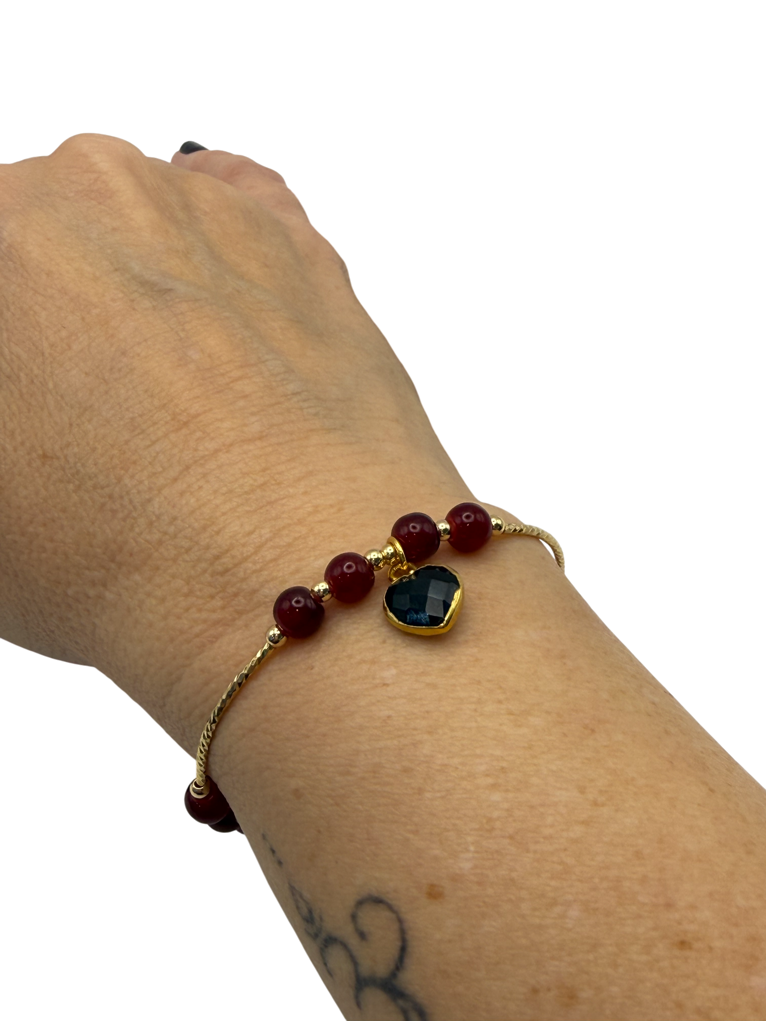 Crimson Stone Bracelet with Black Heart Pendant