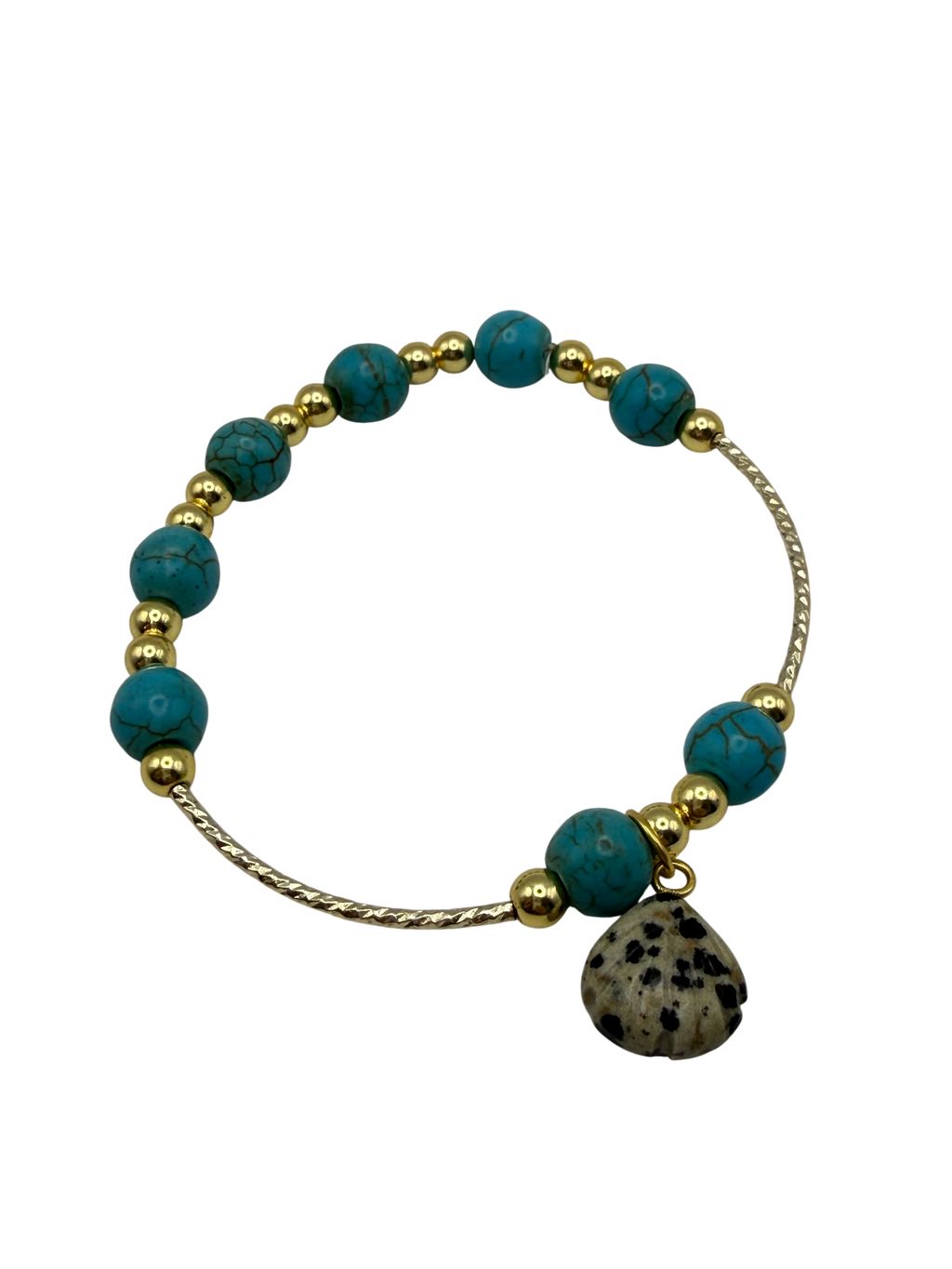 Turquoise Bead Bracelet with Dalmatian Jasper Charm – Gold Accent Stretch Bracelet