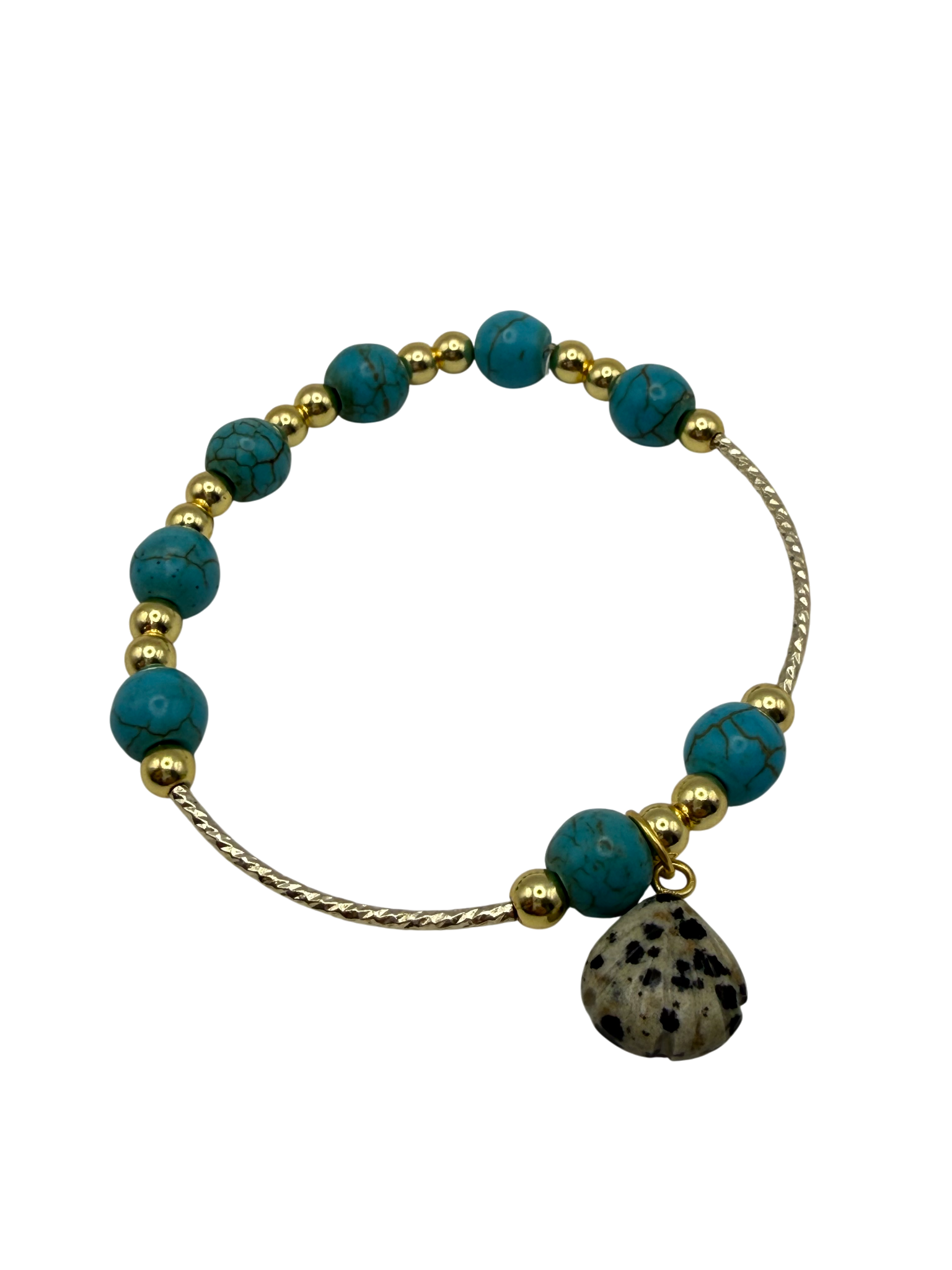 Turquoise Bead Bracelet with Dalmatian Jasper Charm – Gold Accent Stretch Bracelet