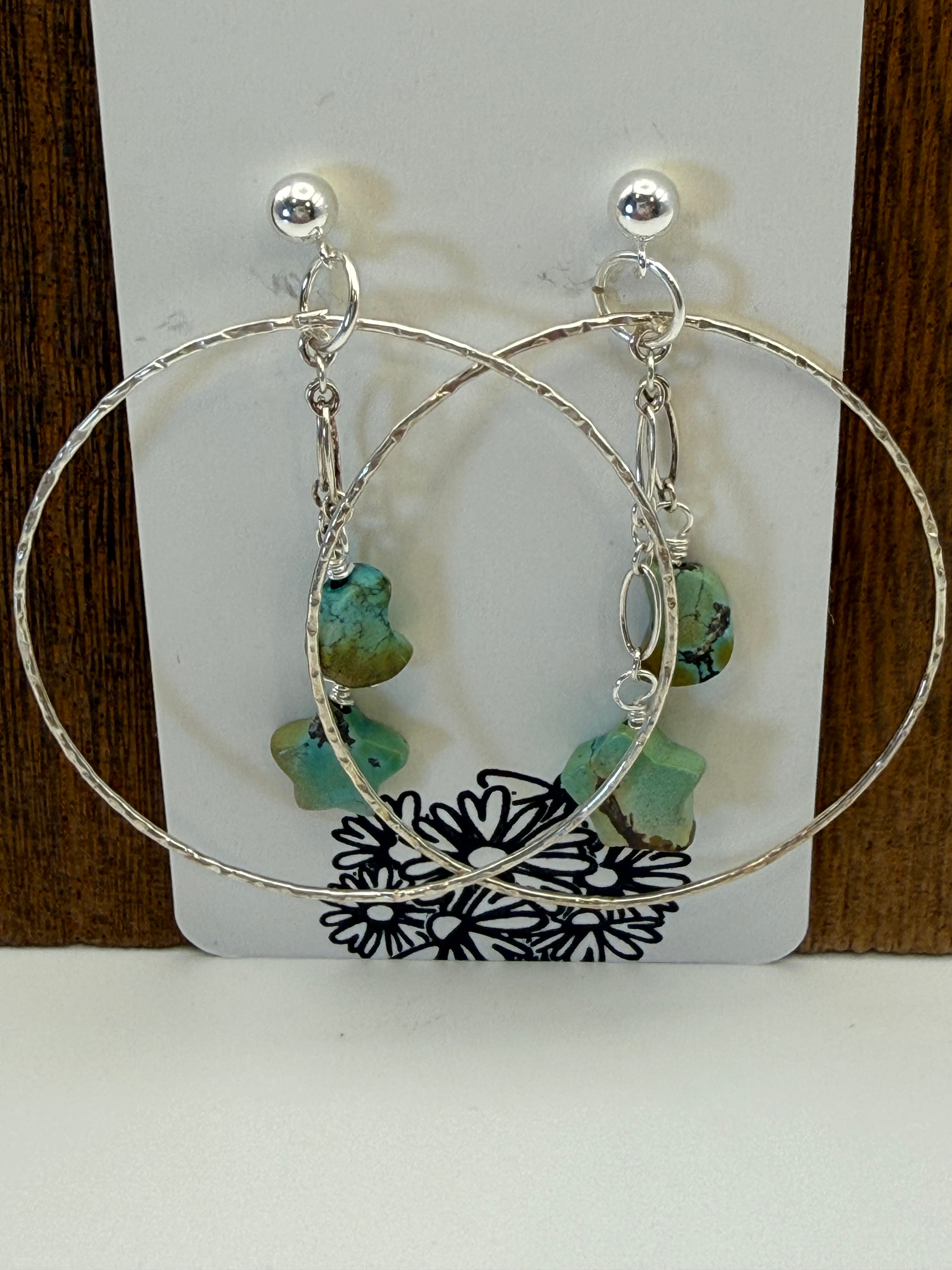 Silver earrings with turquoise stones on a white card with black floral design