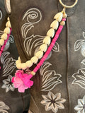 brown boots with decorative beaded double  lei with pink clay flowers and white piakake beads