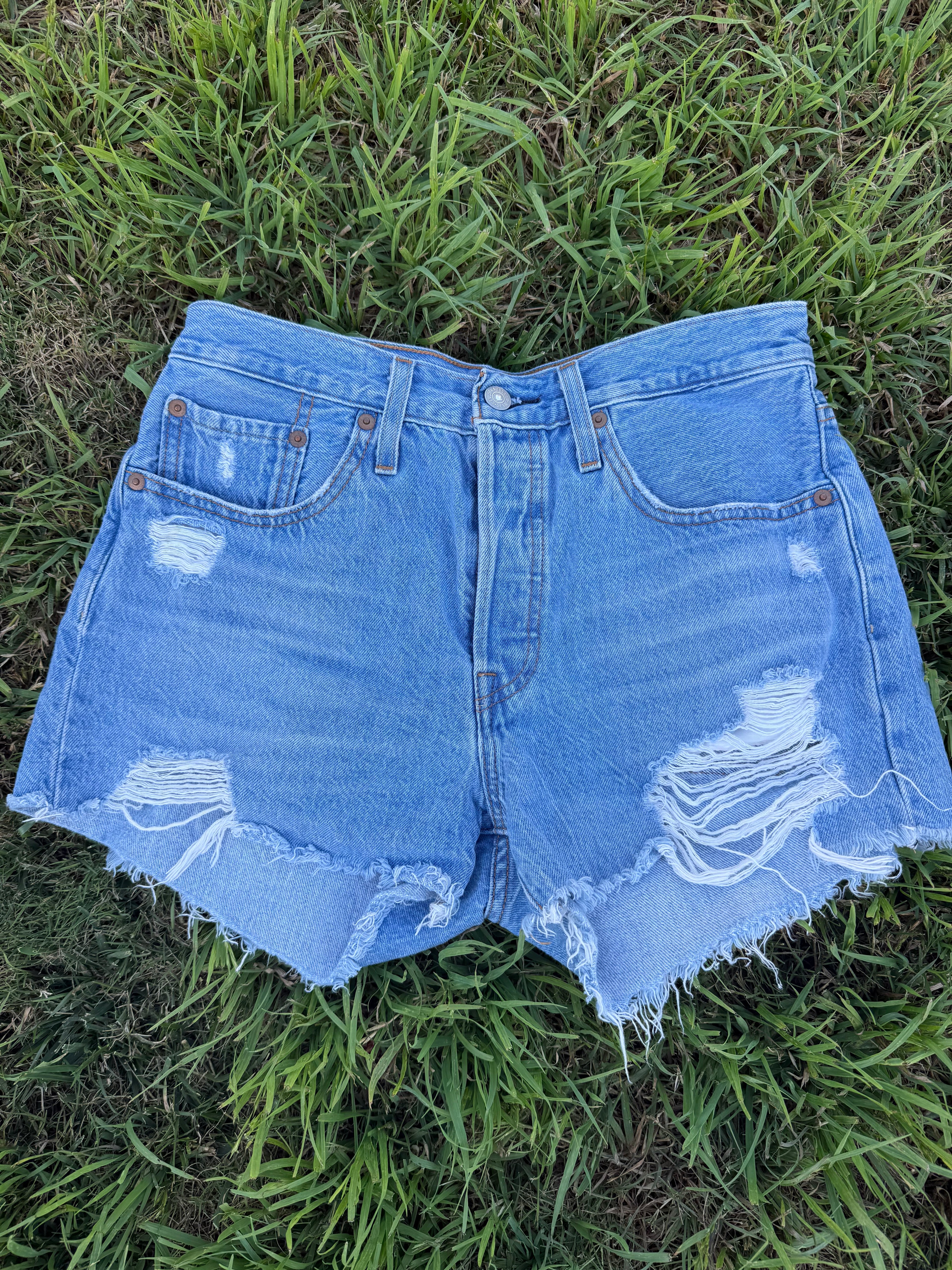 Blue denim shorts with frayed edges on a grassy background
