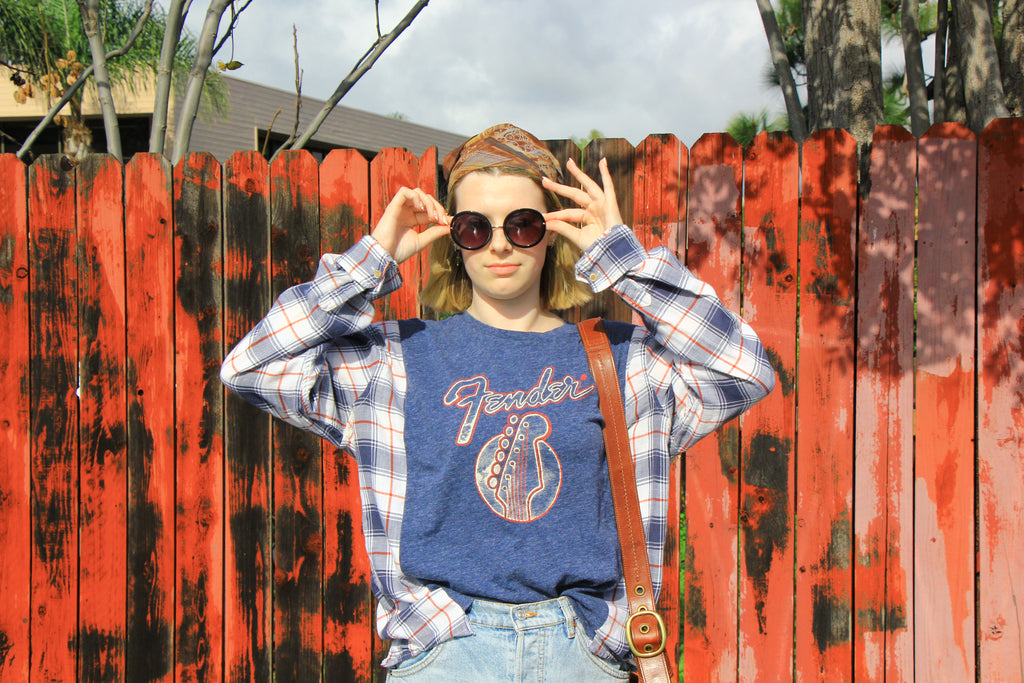 Upcycled Fender Graphic Tee Flannel – Reworked T-Shirt with Plaid Sleeves | One-of-a-Kind