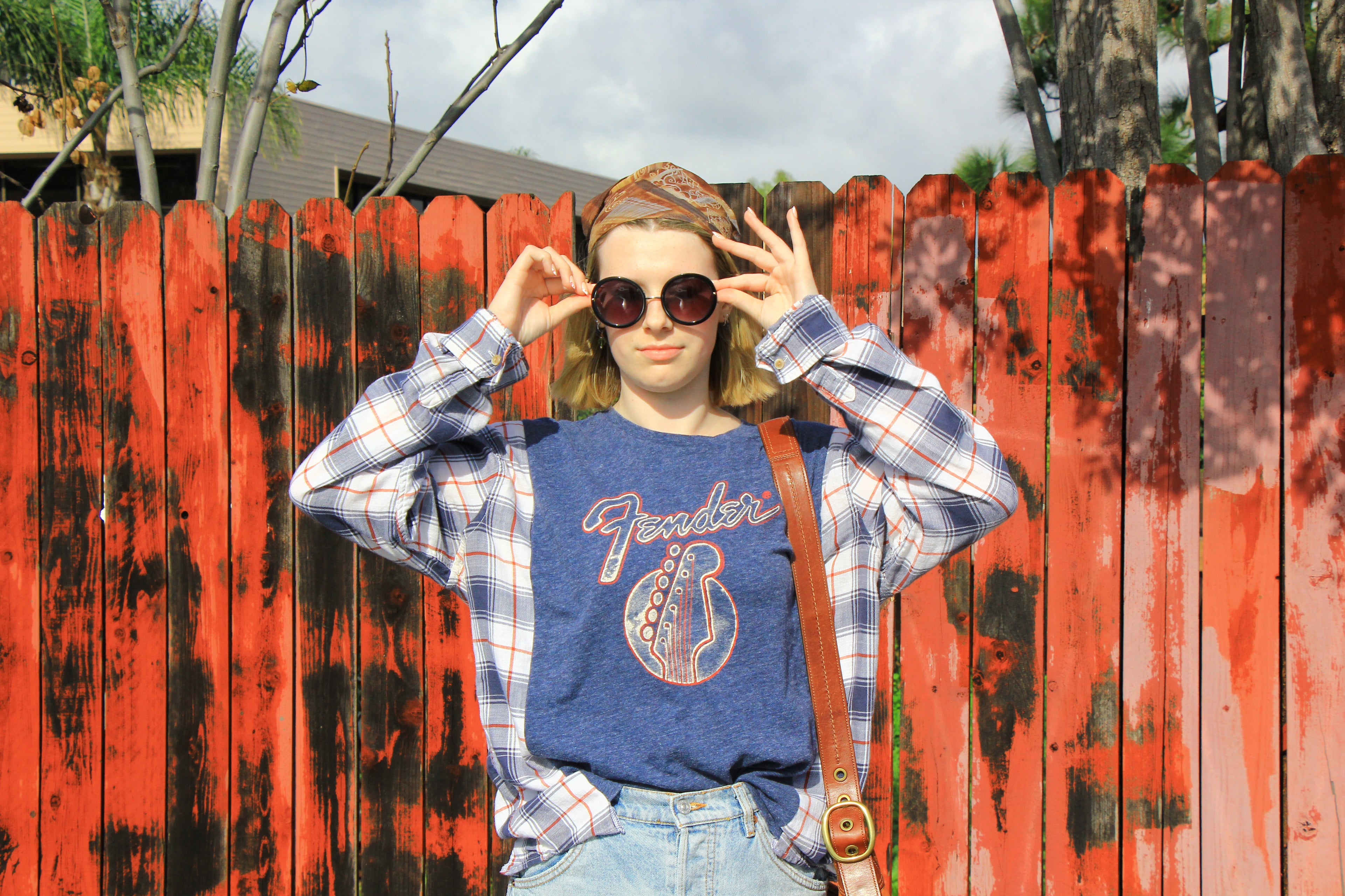 Upcycled Fender Graphic Tee Flannel – Reworked T-Shirt with Plaid Sleeves | One-of-a-Kind