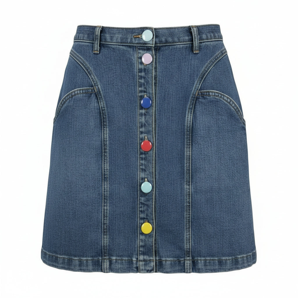 Anthropologie Rainbow Button Denim Mini Skirt | Size 8