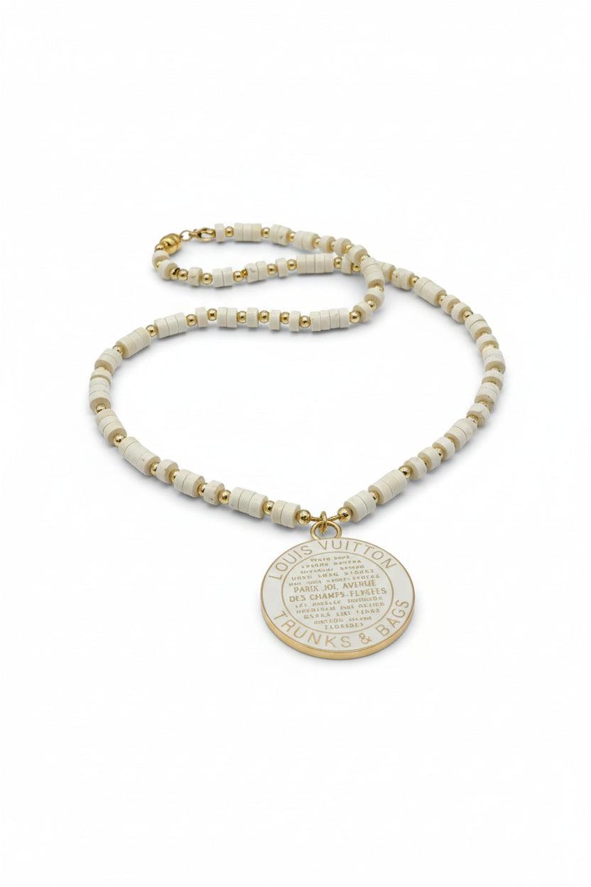 White Shell Beaded Chain Designer Trunks & Bags Medallion Necklace