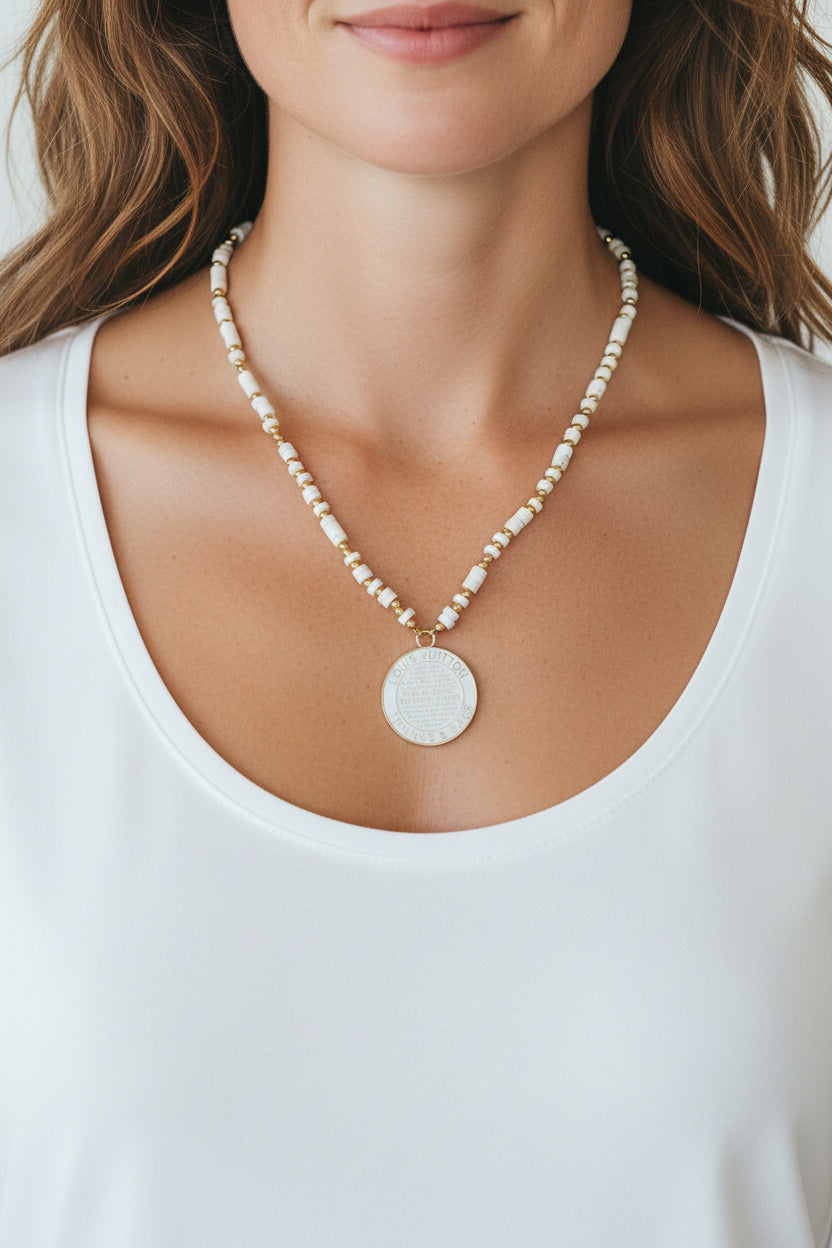 White Shell Beaded Chain Designer Trunks & Bags Medallion Necklace