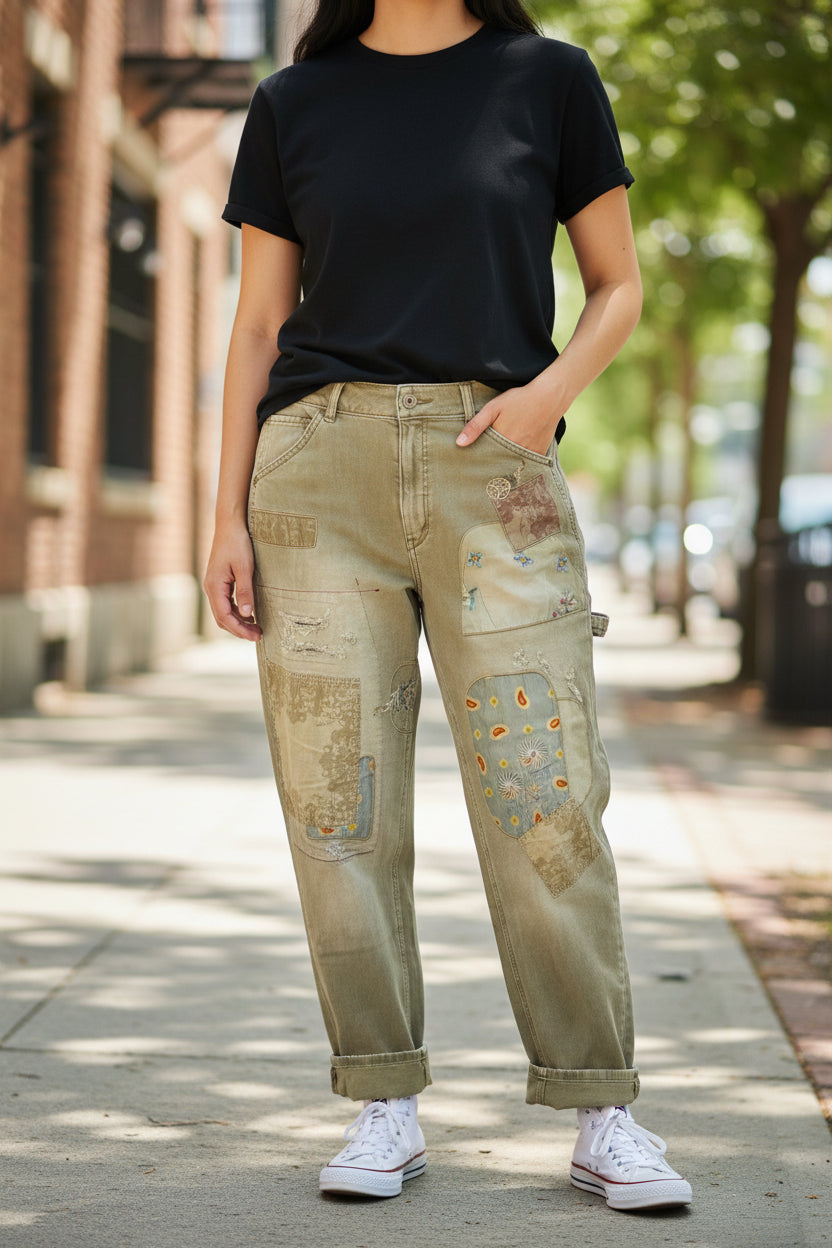 Person wearing black t-shirt and olive patchwork jeans on a street.