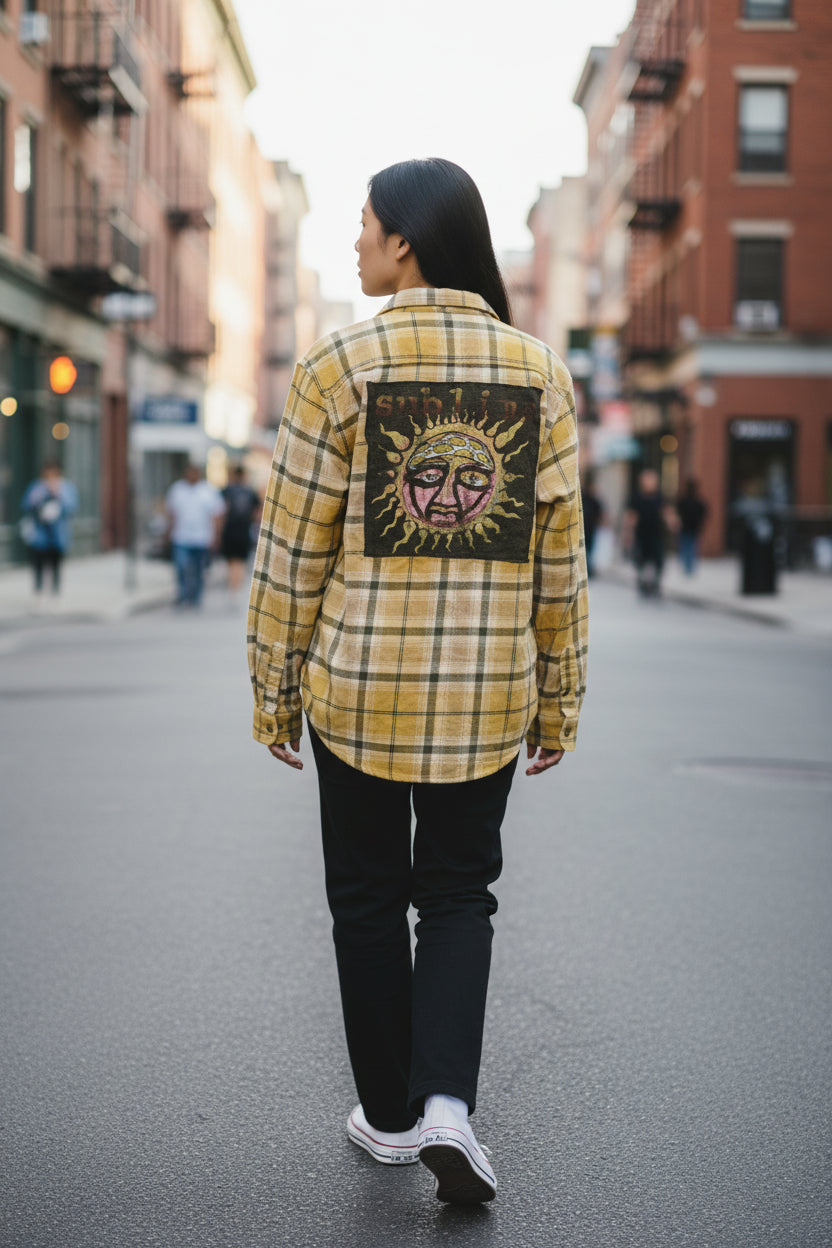 Upcycled Sublime Sun Flannel – Vintage Plaid Shirt with Graphic Patch | One-of-a-Kind