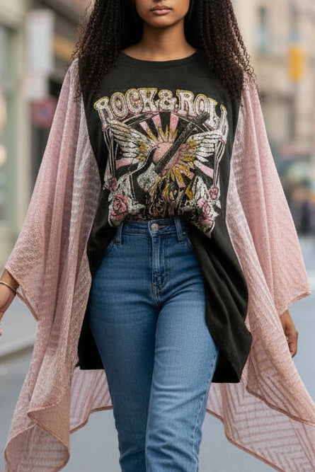 Upcycled Rock & Roll Tee with Blush Sheer Blousy Sleeves